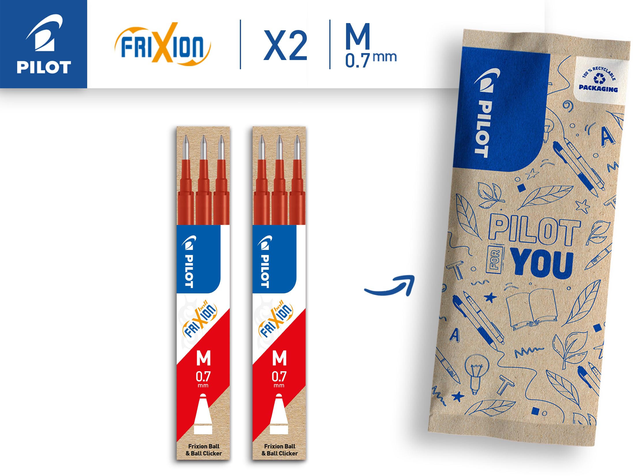 PILOT Frixion Pen Refills - 0.7mm Medium Tip, Erasable Ink | Set of 6 | Red