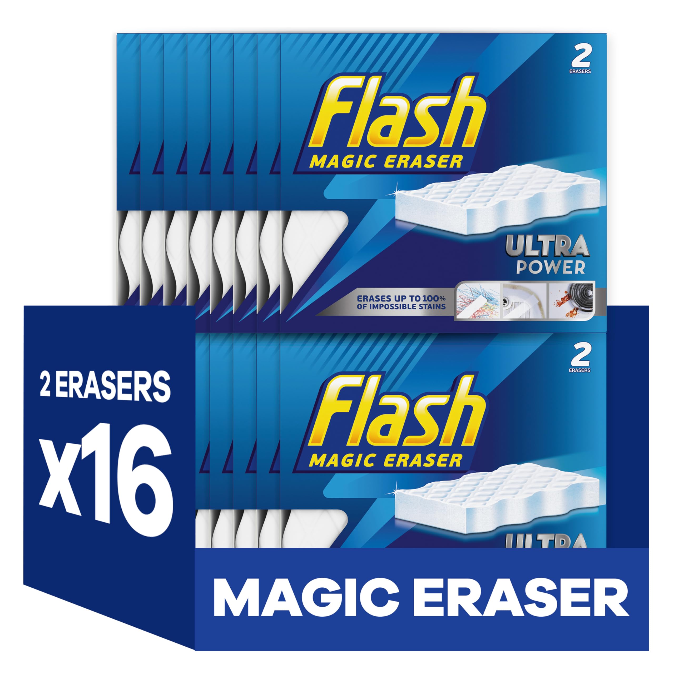 FLASH Ultra Power Magic Eraser Stain Remover | 32 Count (16x2 Pack) | Removes Grime & Scuffs