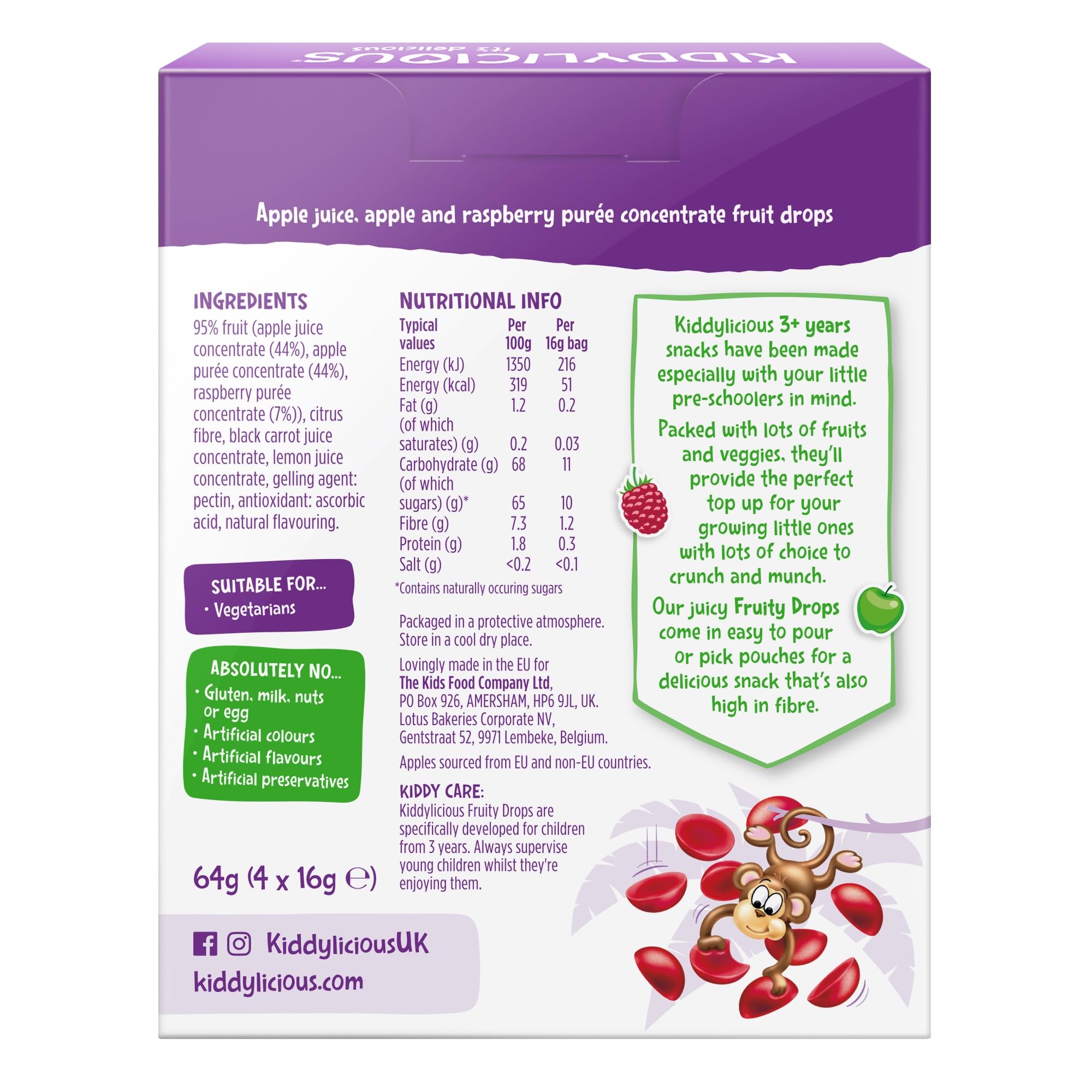 Kiddylicious Raspberry & Apple Fruity Drops - 95% Fruit Snacks | Gluten Free | 28 Count 2