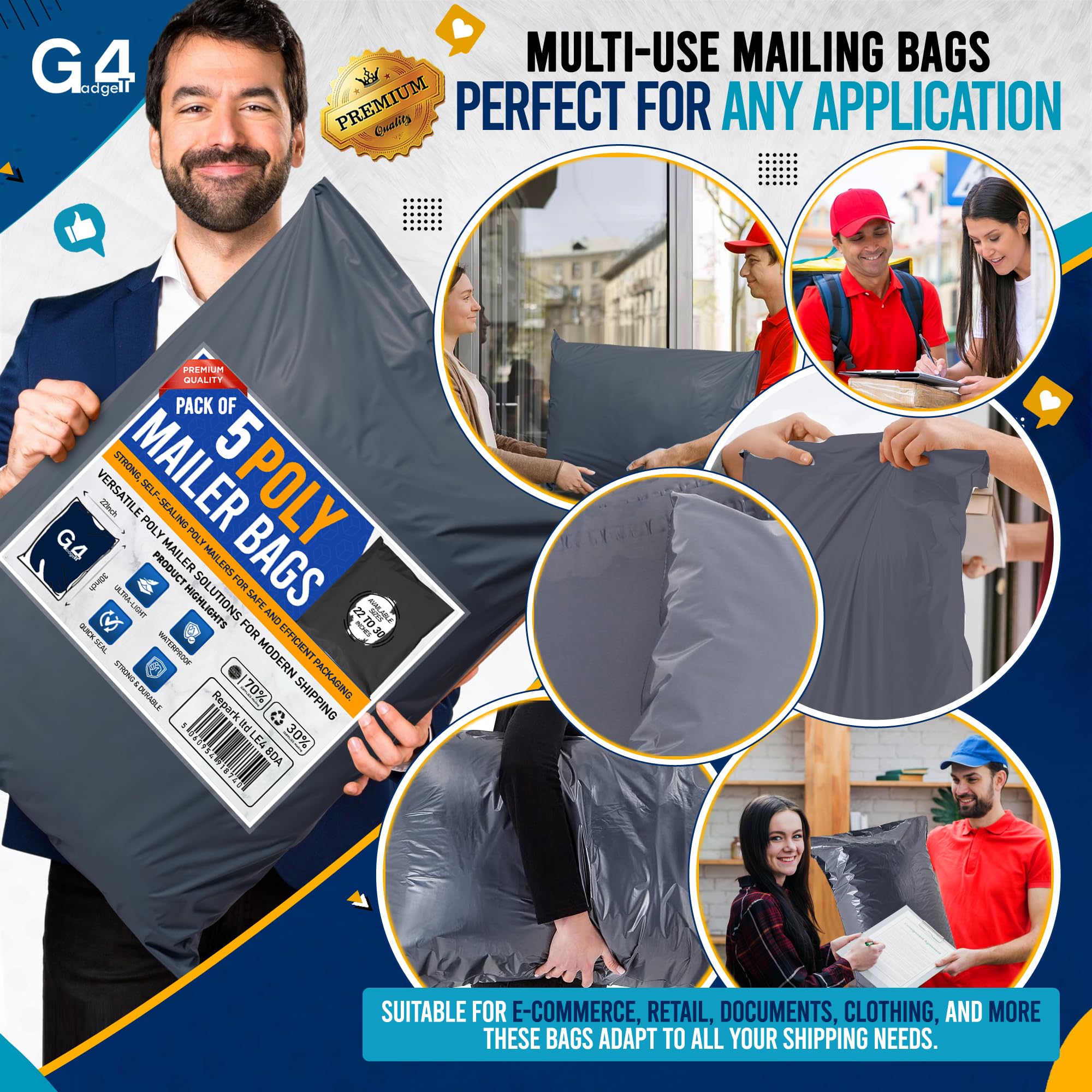 G4GADGET Large Grey Postal Bags - 5 Pack, 22x30 Inch (559mm x 762mm) | Waterproof & Tear-Resistant 3