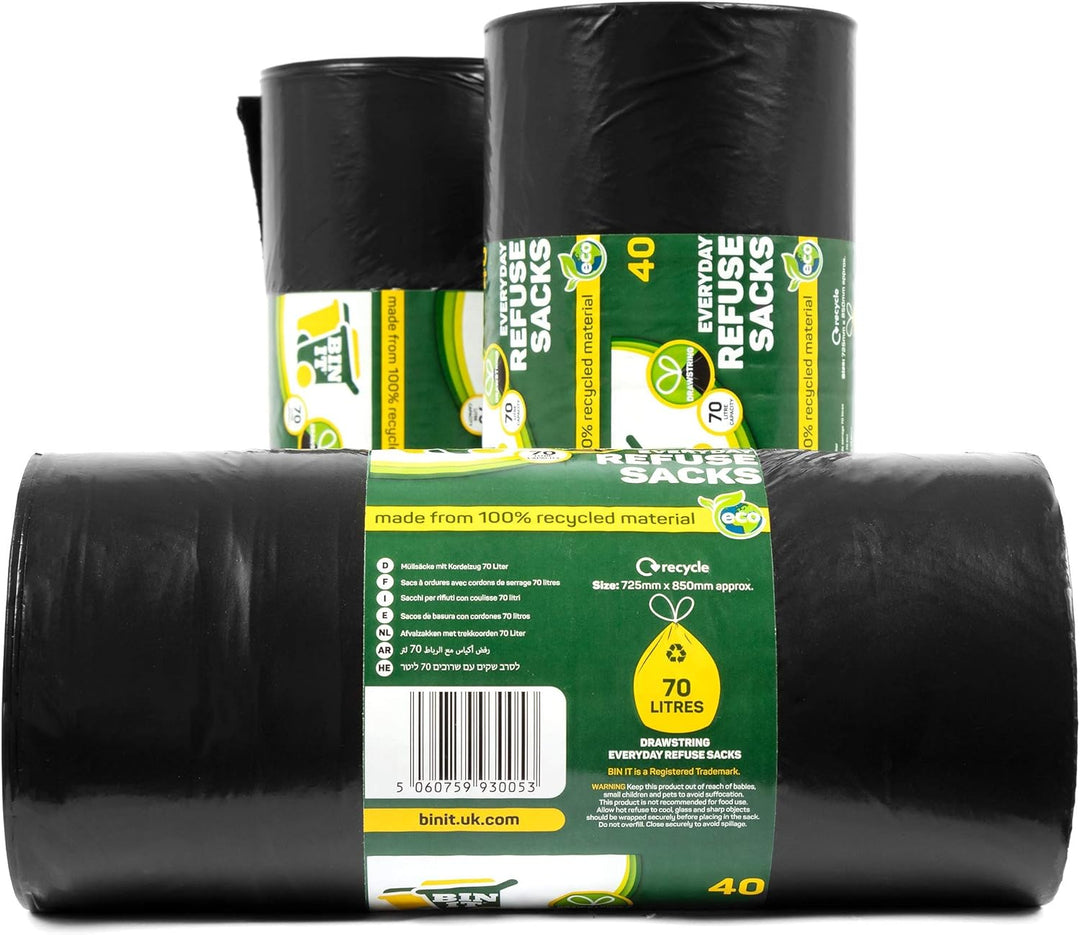 BIN IT 40 Drawstring Bin Liners 70L - Recycled Strong Refuse Sacks for Household & Office