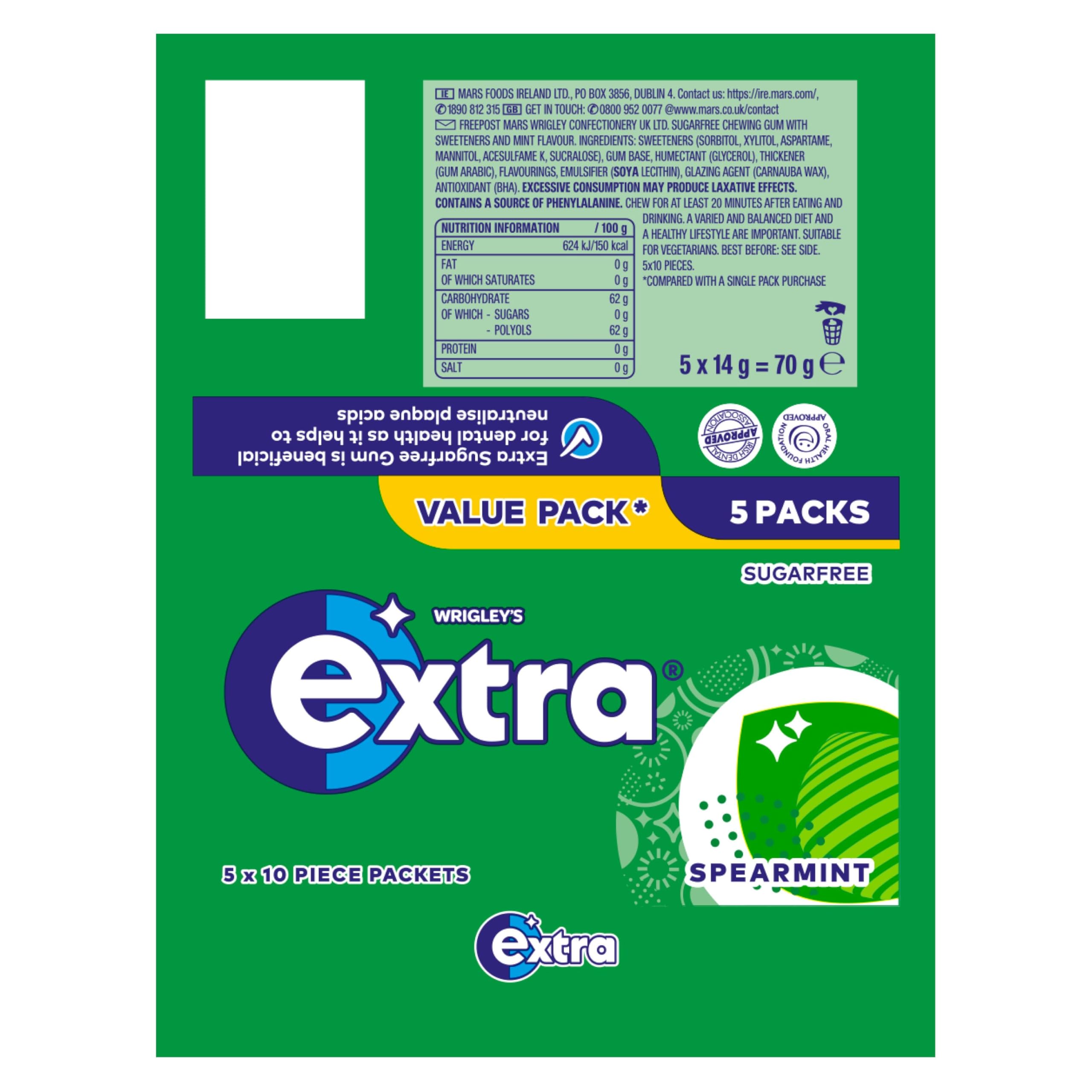WRIGLEY'S EXTRA Spearmint Chewing Gum - Sugar-Free, 5 x 10 Pieces (50 Count) 8