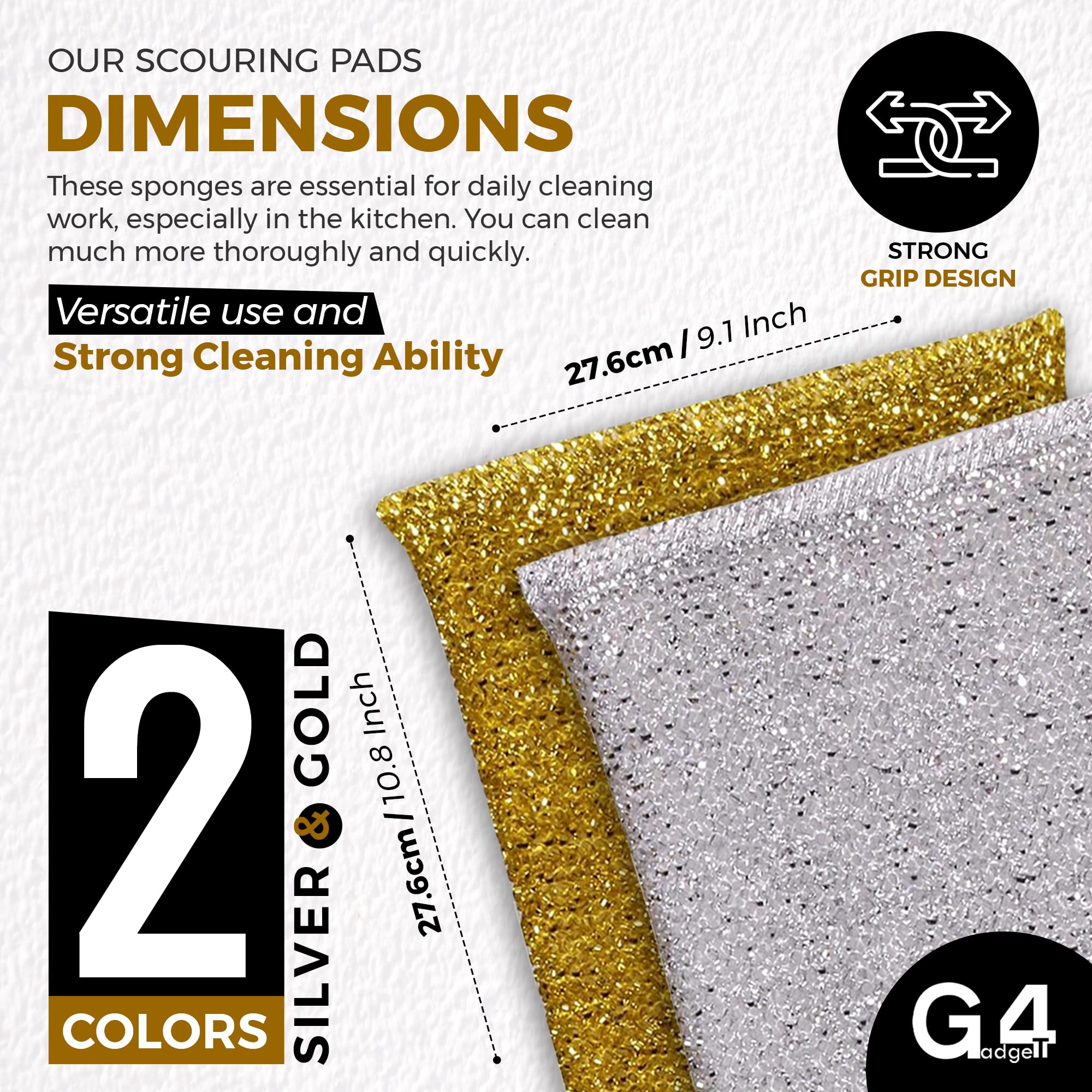 G4GADGET Metallic Scouring Pads - 6 Pack Non-Scratch Polypropylene Kitchen Scourer | Rust-Resistant 2