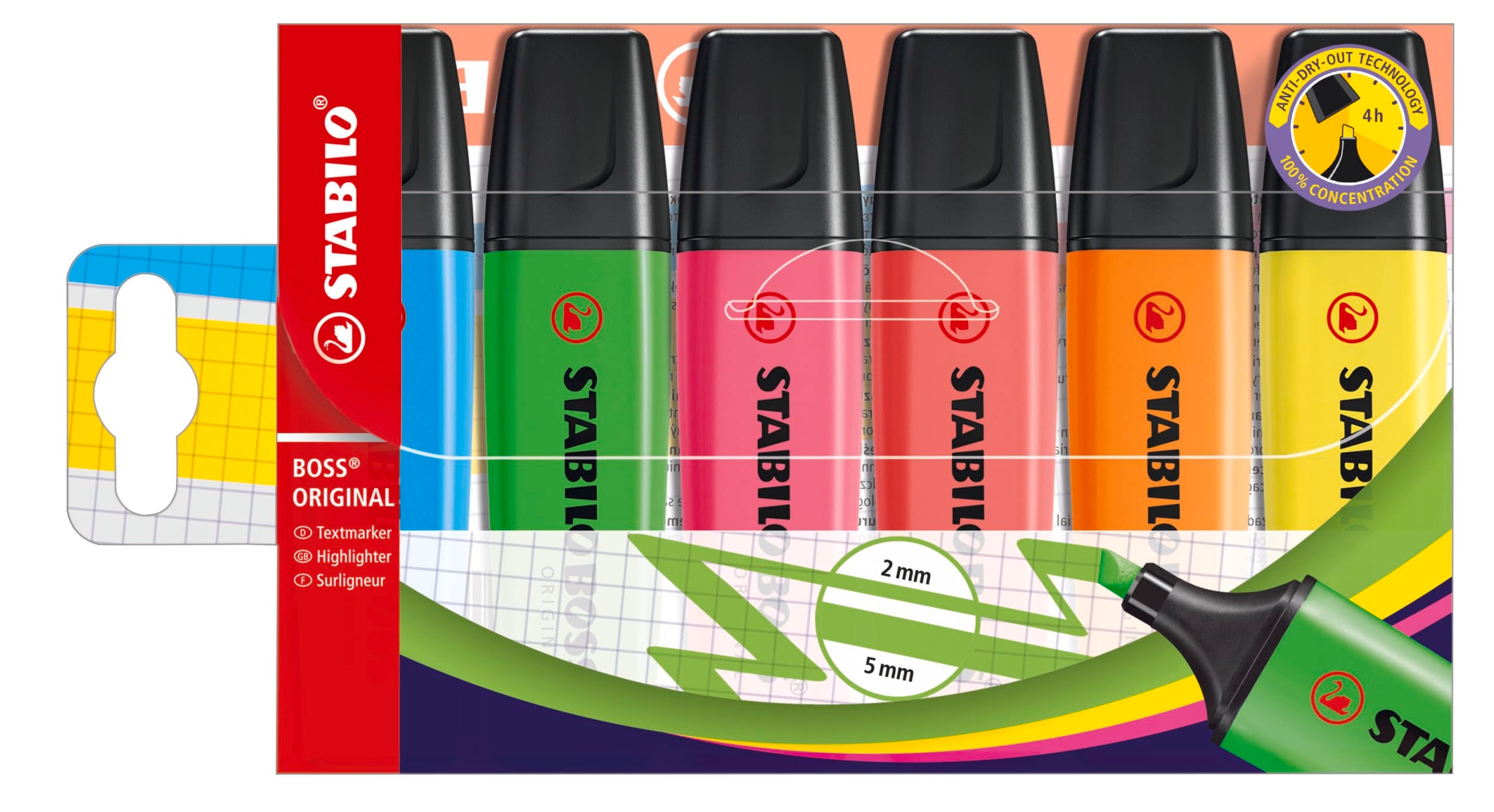 STABILO BOSS ORIGINAL Highlighter - Pack of 6 Assorted Colours | 2mm & 5mm Line Widths | 4 Hour Cap-Off Time 1
