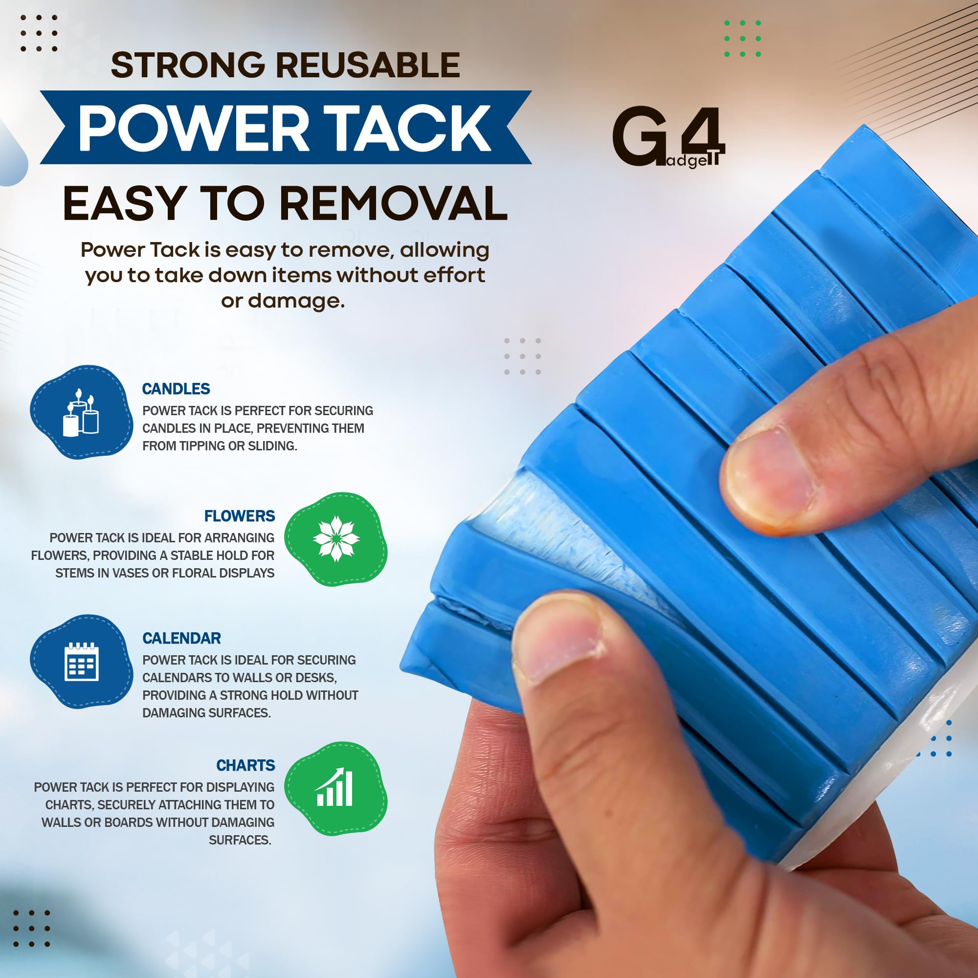 G4GADGET Power Tack Blue Adhesive Putty - Reusable, Non-Marking, Strong Hold | 150g Pack 3