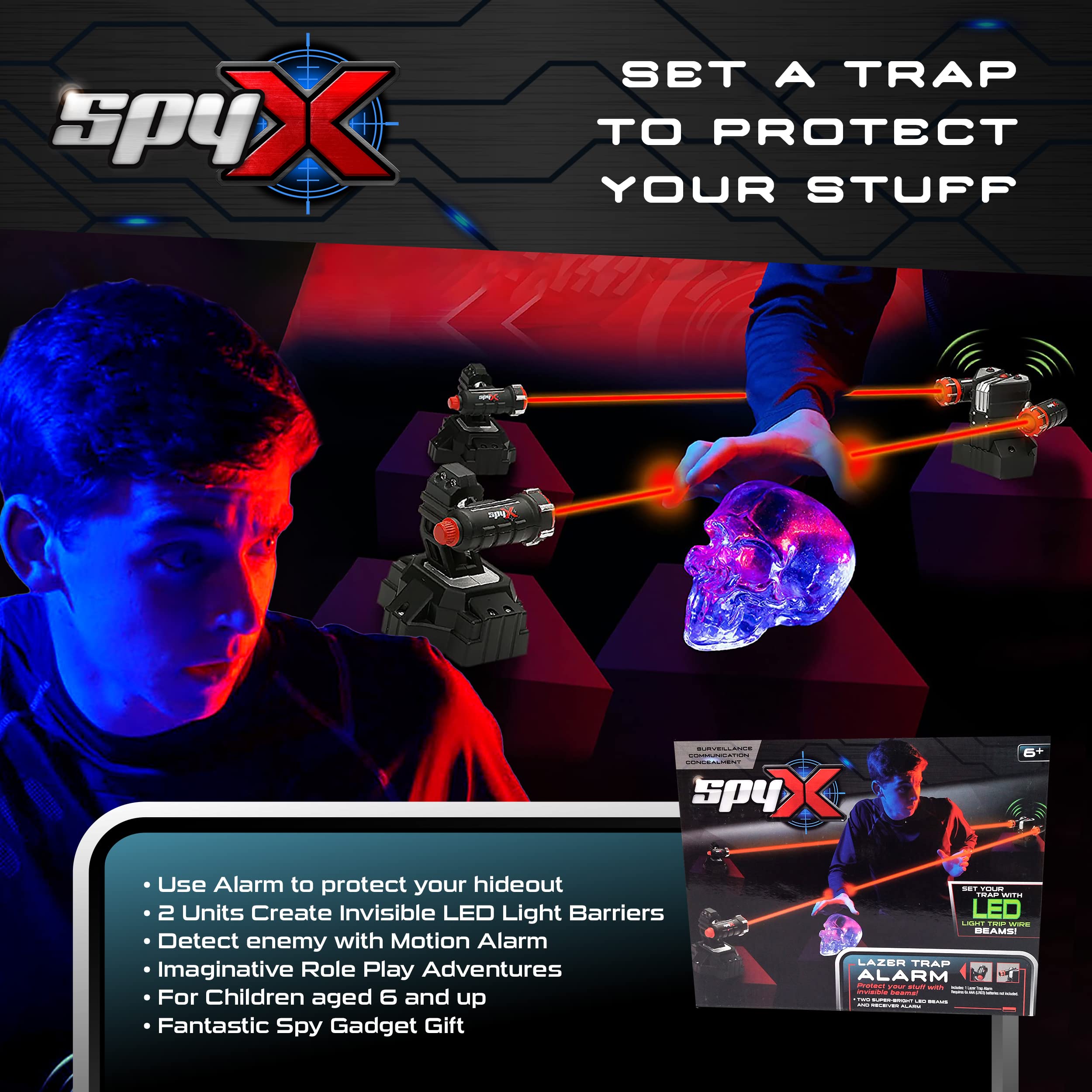 SpyX Lazer Trap Alarm for Kids - Invisible LED Trip Wire Beams | 2 Beams & Receiver | Ages 6+