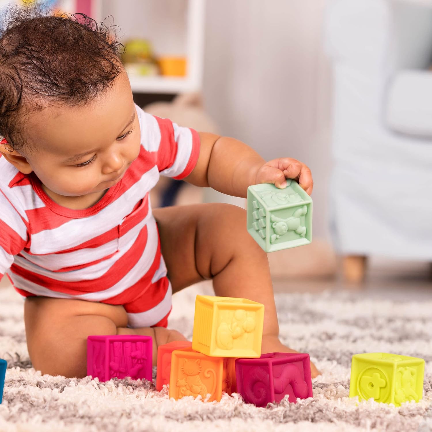 B. toys One Two Squeeze™ 10 Soft Squeezable Baby Blocks - Stacking & Learning Toy for 6+ Months 9
