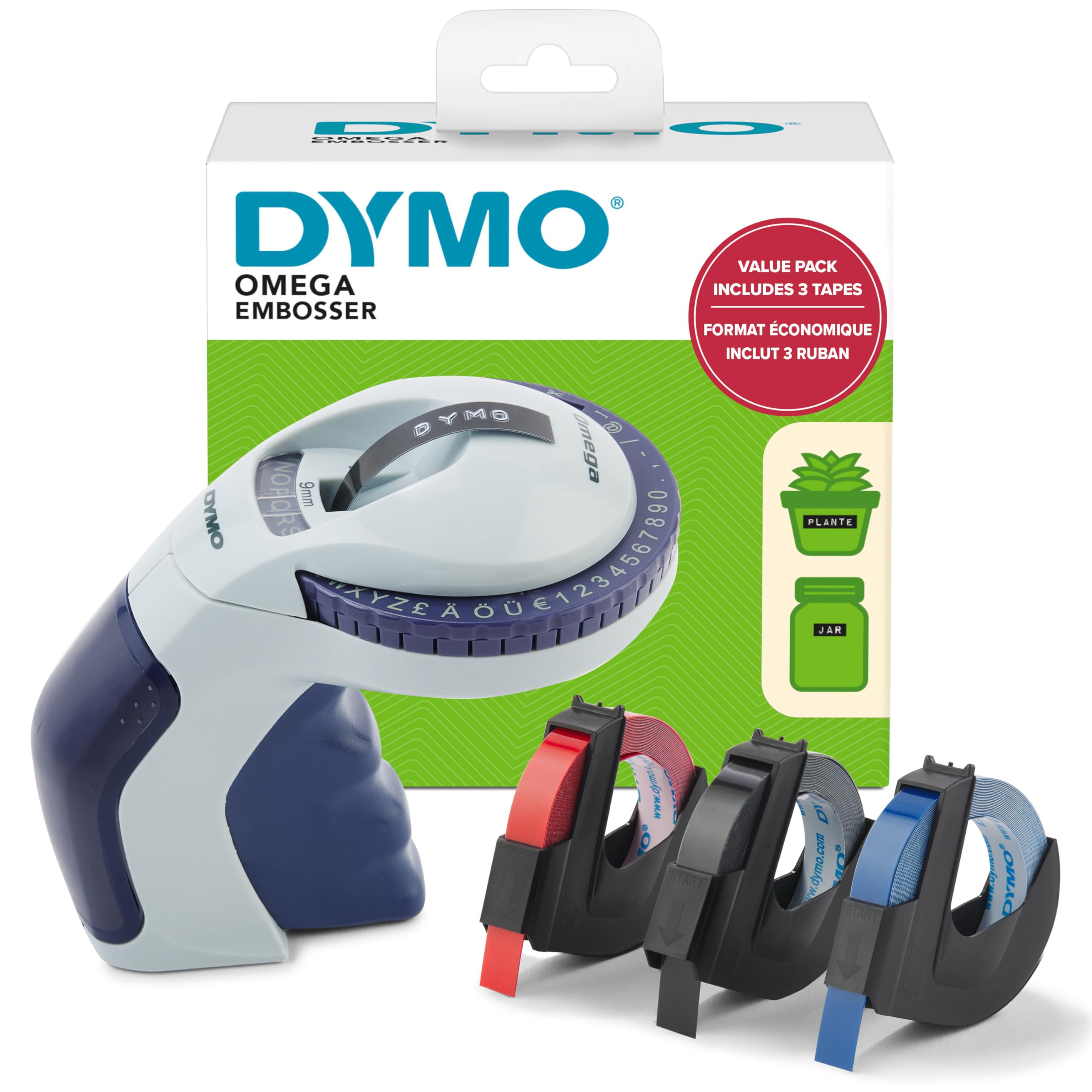Dymo Omega Embossing Label Maker with 3 Label Tapes | Portable Handheld Design | 49-Character Wheel 1