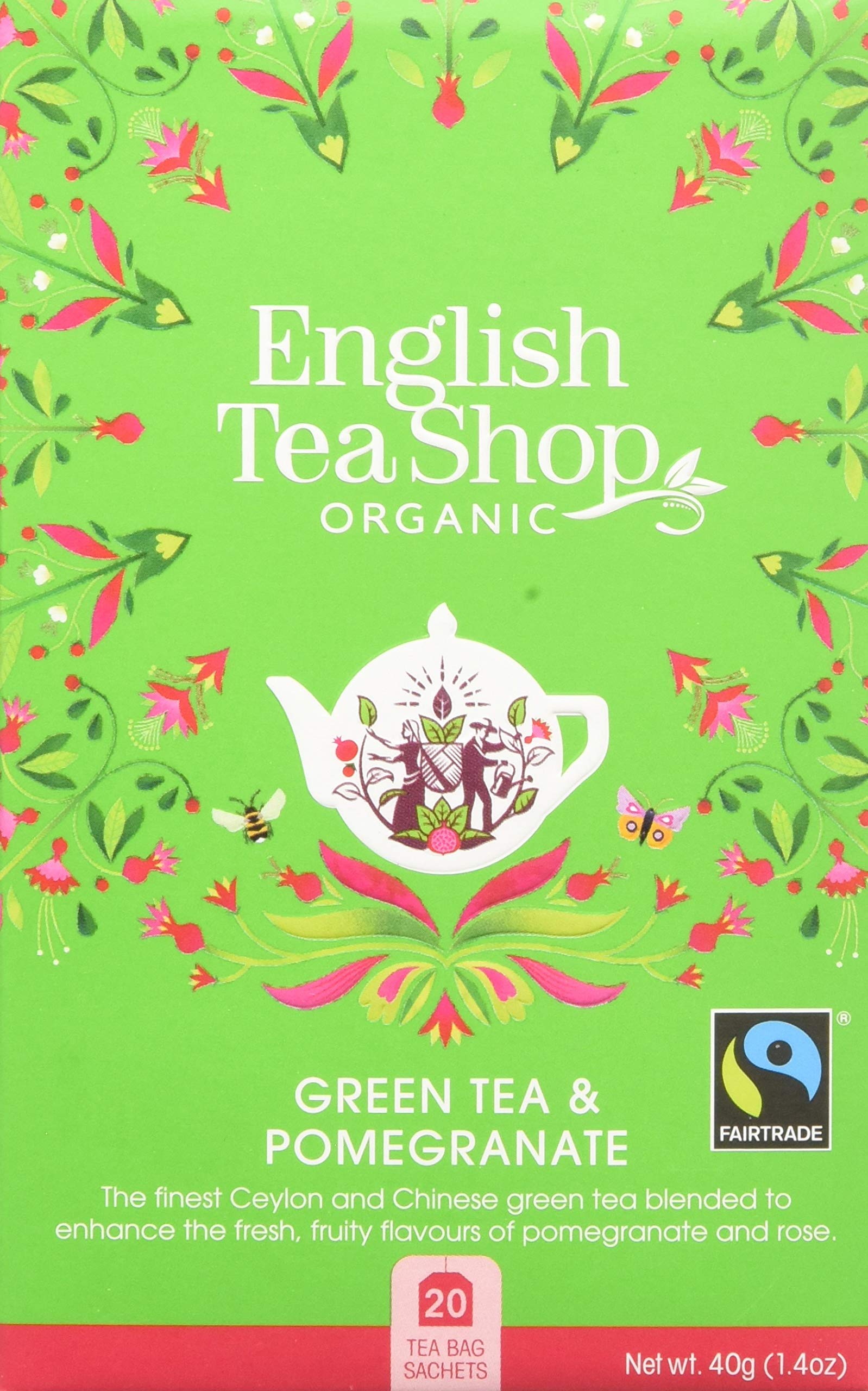 English Tea Shop Green Tea & Pomegranate Teabags - 20 Count, 40g | Promotes Relaxation