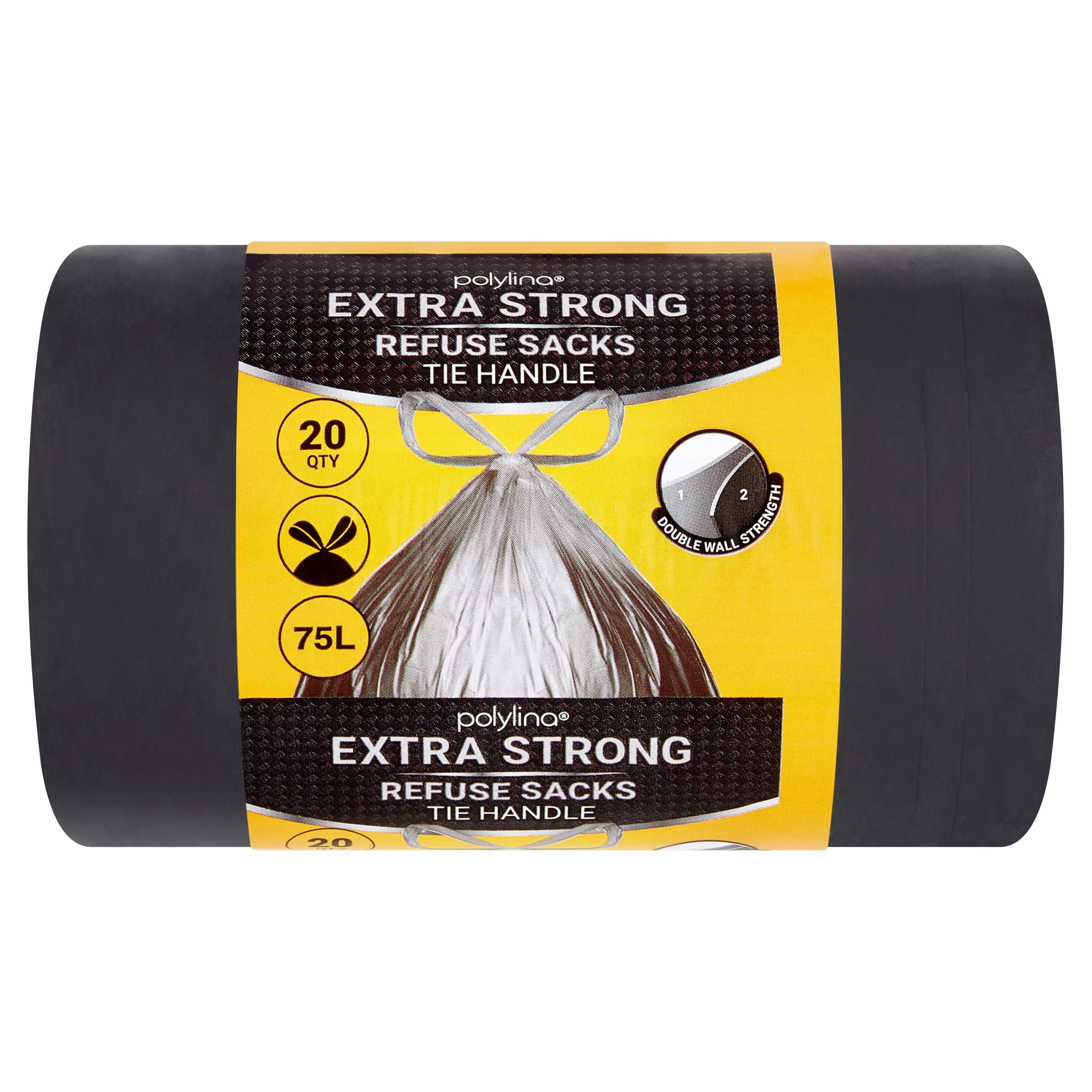 Polylina Extra Strong Bin Bags - 75 Litre Capacity, Heavy Duty Tie Handle, 20 Count 1