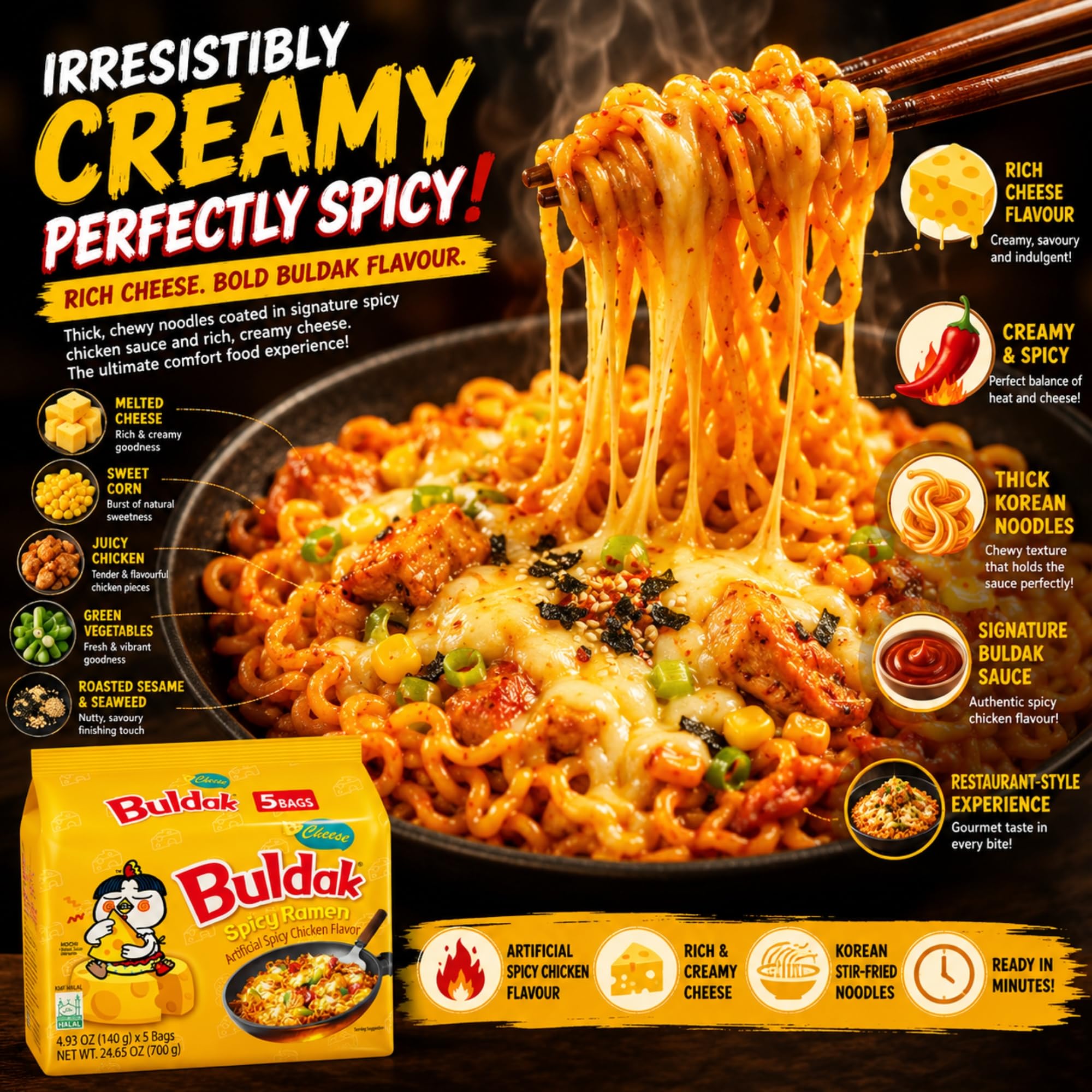 Buldak Noodles Cheese Spicy Chicken Flavor Ramen - 10 Pack 3
