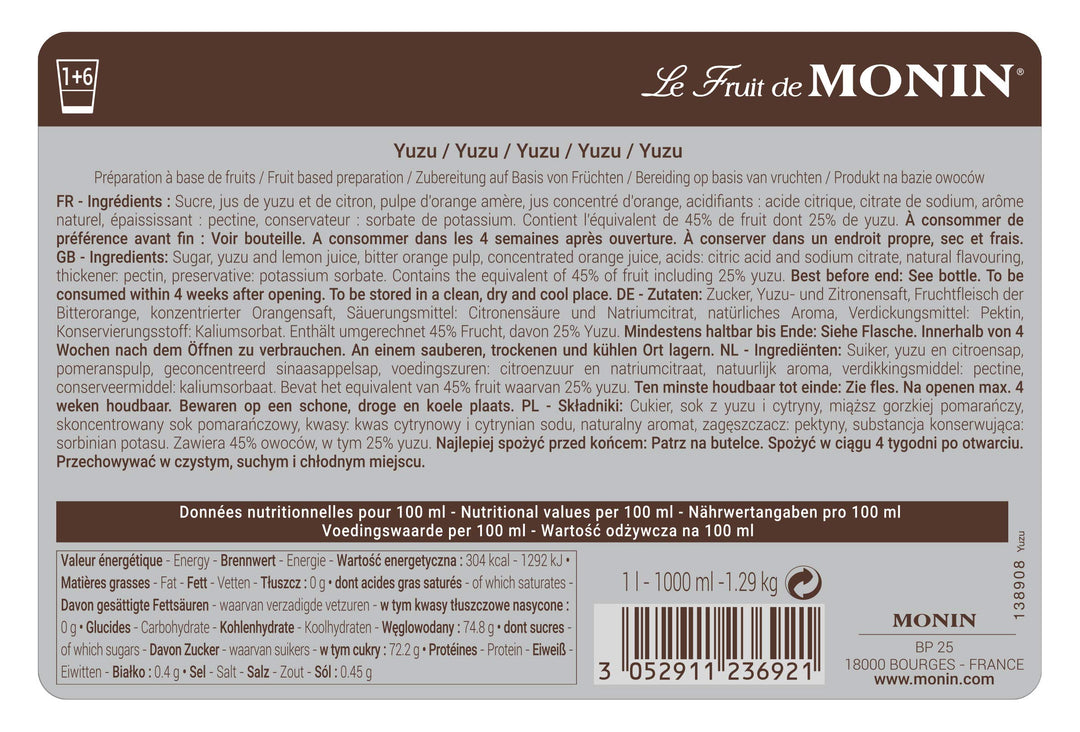 Monin Yuzu Fruit Mix Puree 1L - Vegan, Allergen-Free Citrus Syrup for Cocktails, Smoothies & Mocktails