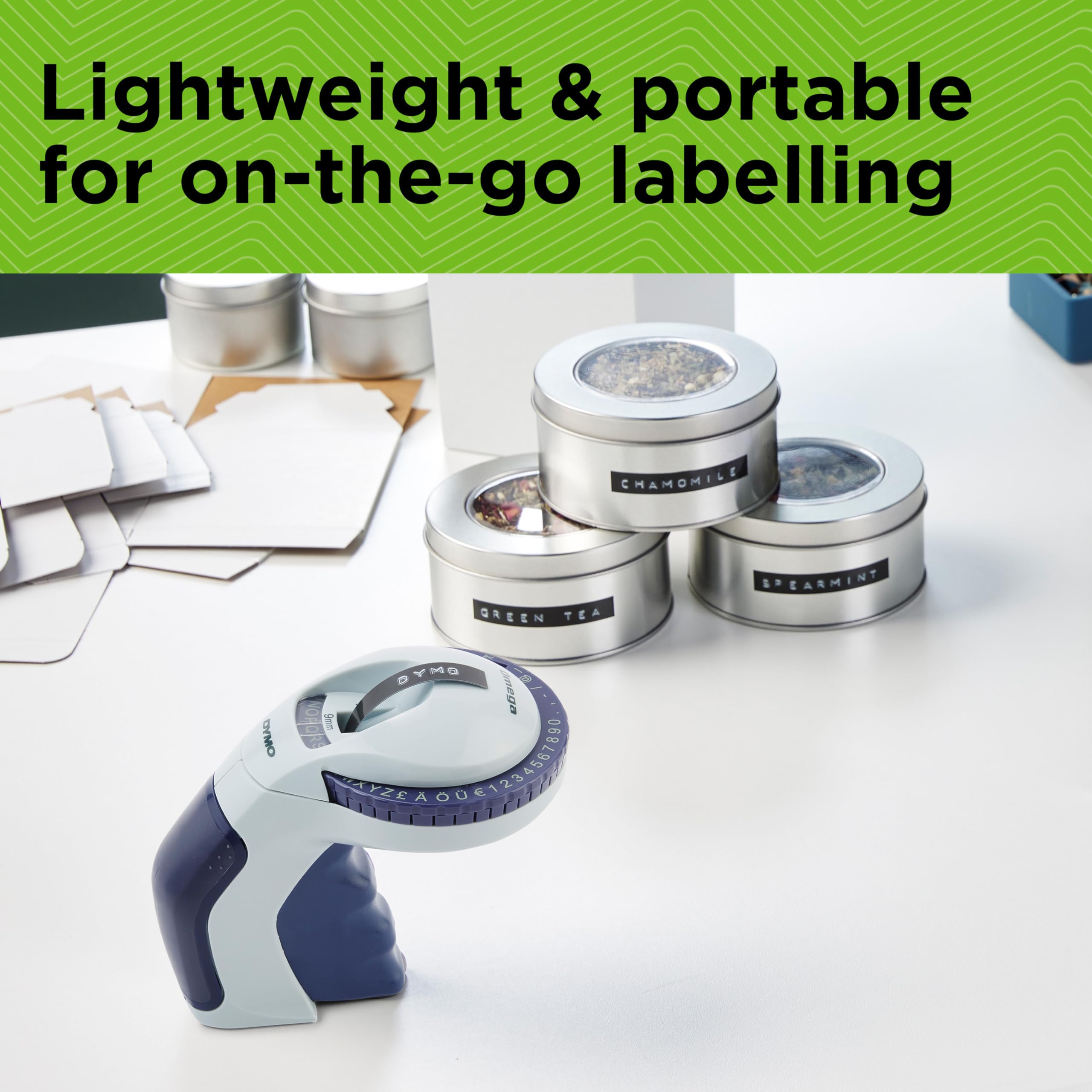 Dymo Omega Embossing Label Maker with 3 Label Tapes | Portable Handheld Design | 49-Character Wheel 2