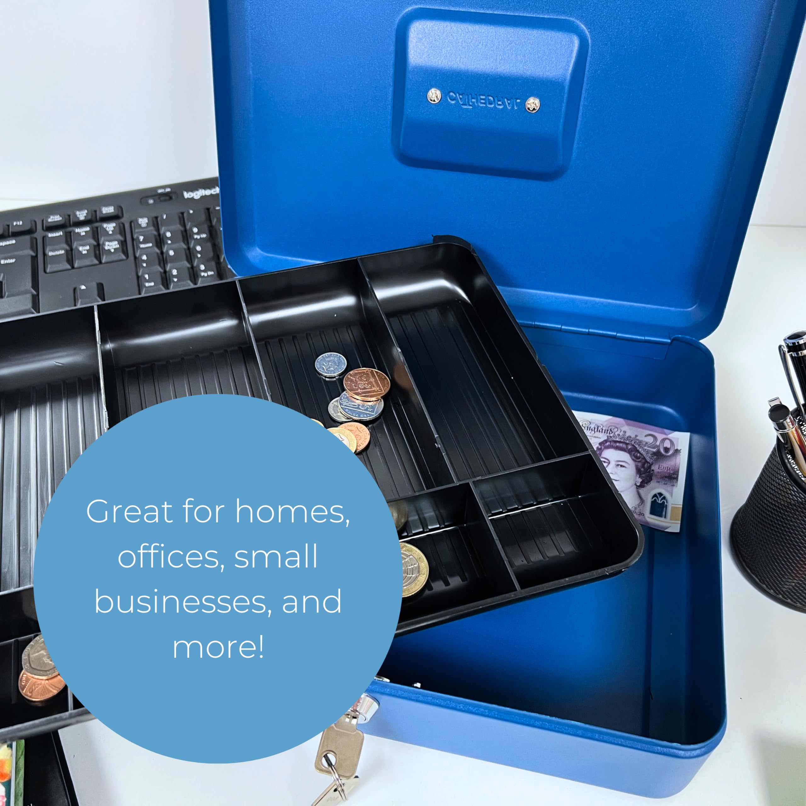 Cathedral Products Key Lockable Cash Box - 6 Inch - Black | Durable Steel | 6 Compartment Tray 5