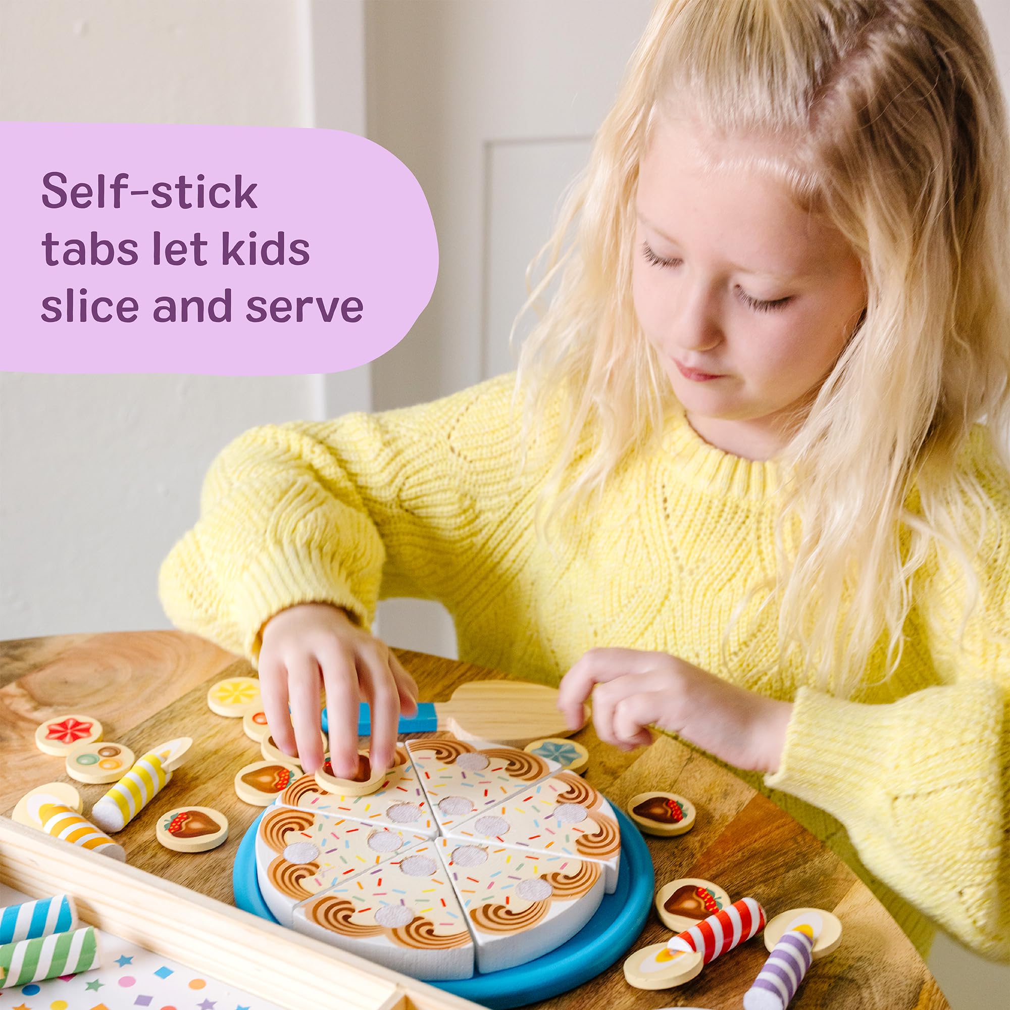 Melissa & Doug Wooden Birthday Cake Play Food Toy for Kids Ages 3+ | Includes 6 Slices & Toppings 3
