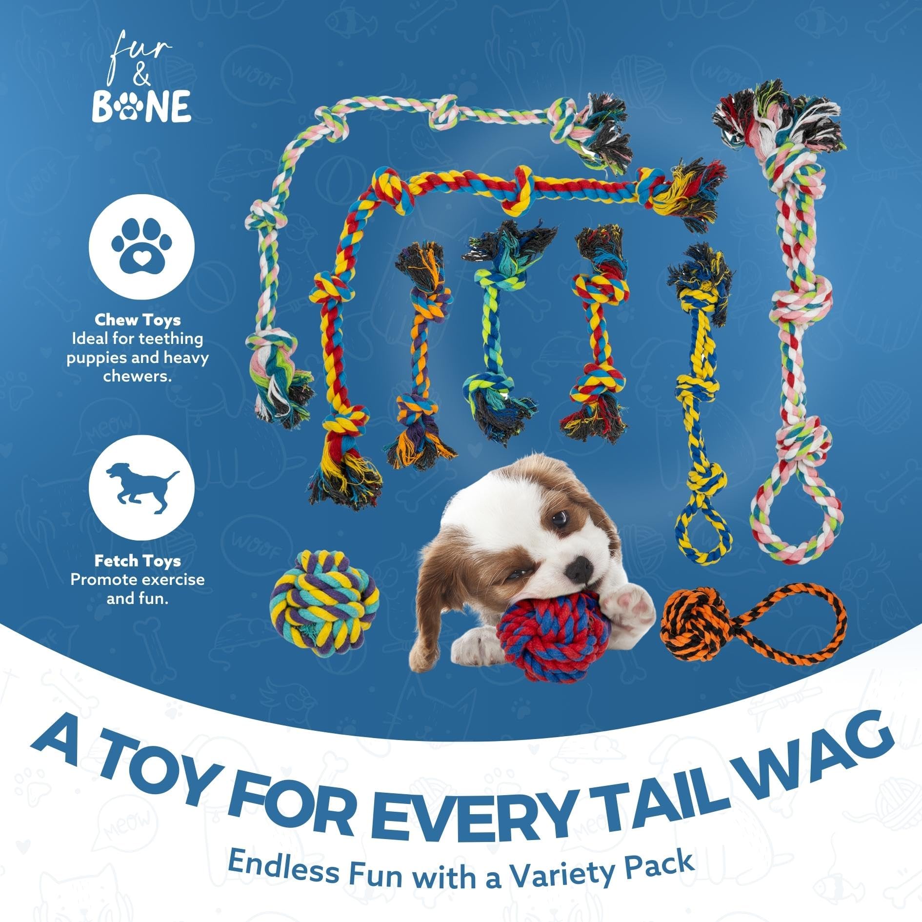 Fur & Bone 10-Pack Indestructible Dog Chew Toys - Durable Cotton Rope & Tug Toys for All Breeds