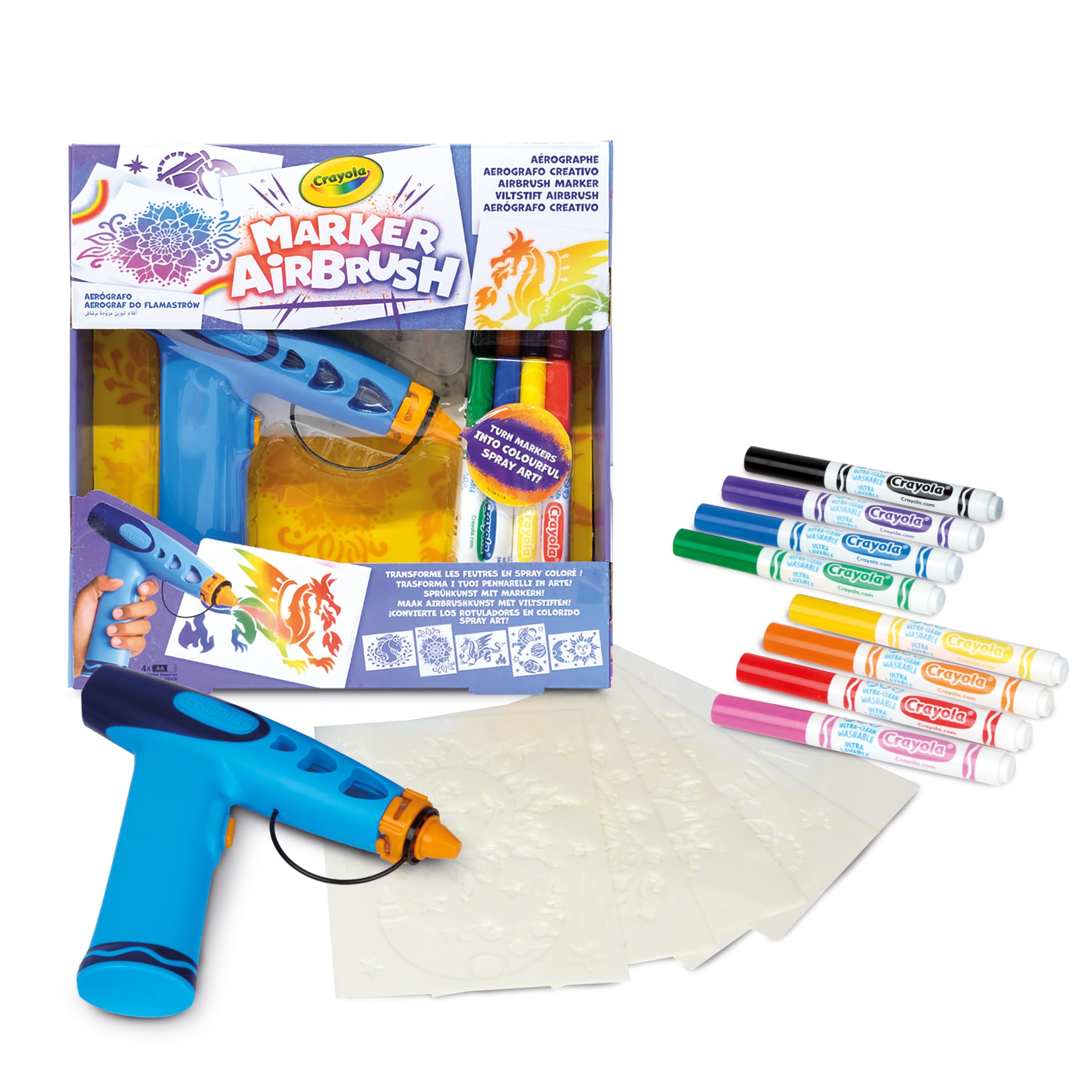 CRAYOLA Marker Airbrush - Spray Art Creation | Includes 8 Washable Markers & Stencils | Ages 6+