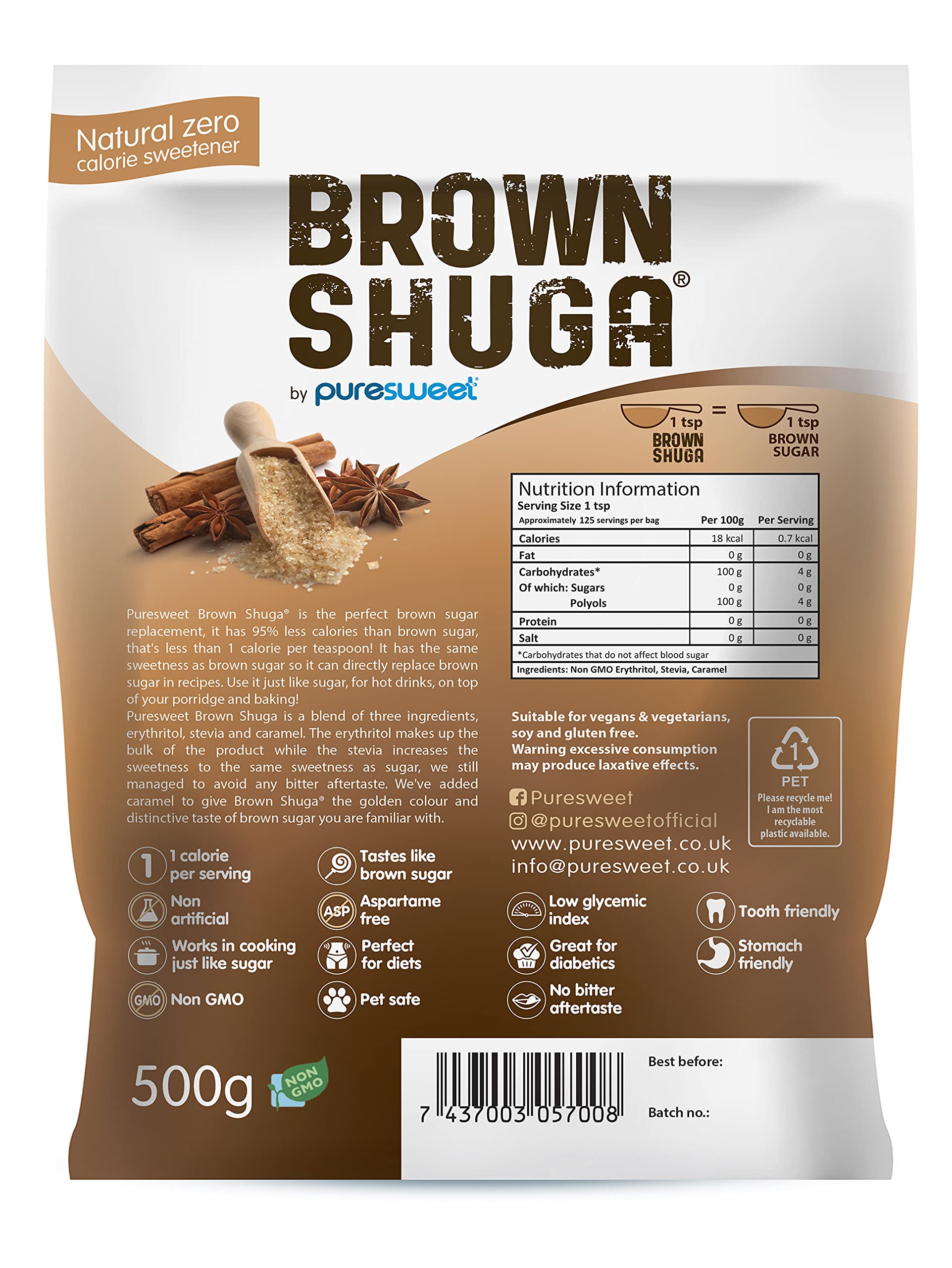 Puresweet Brown Shuga® - Natural Brown Sugar Alternative | 500g Crystal | Sugar Free