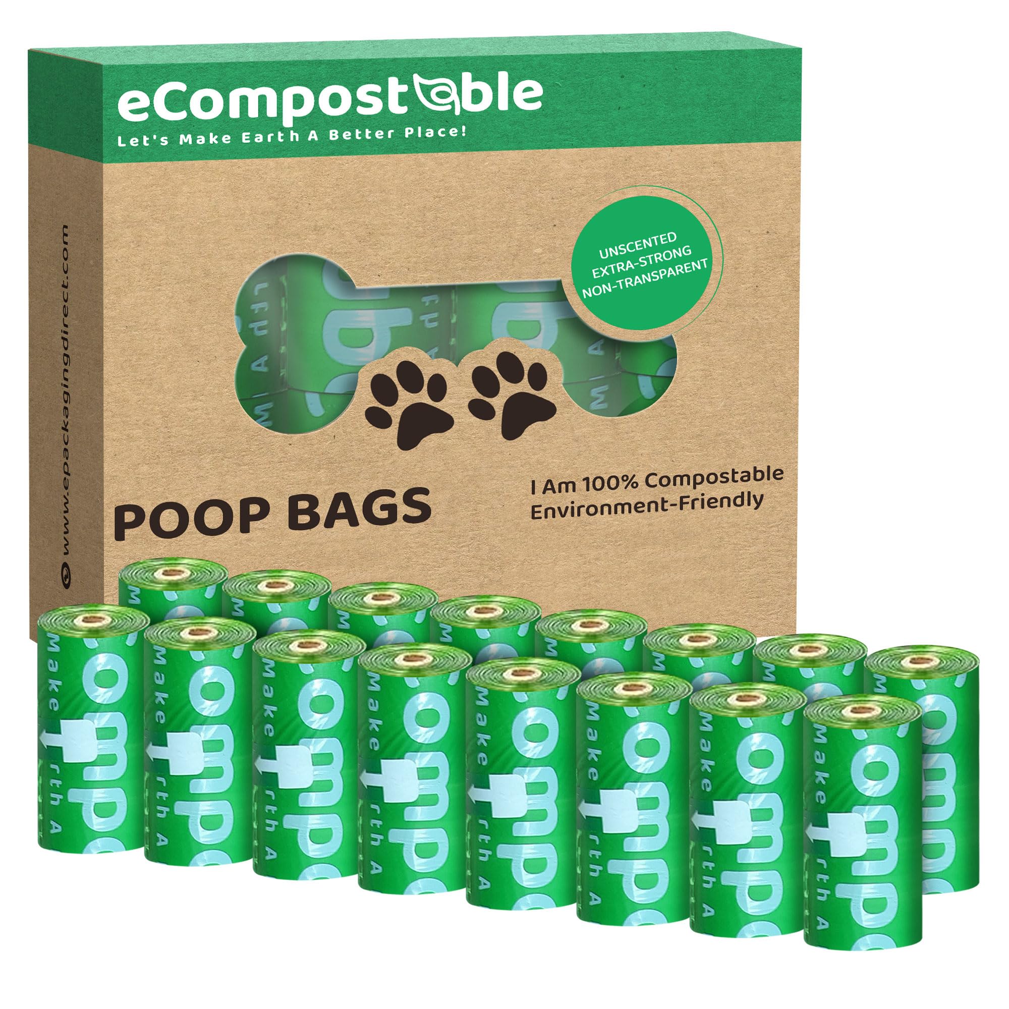 eCompostable Eco-Friendly Poop Bags - 240 Count, Green, Unscented | 13 x 9 Inches