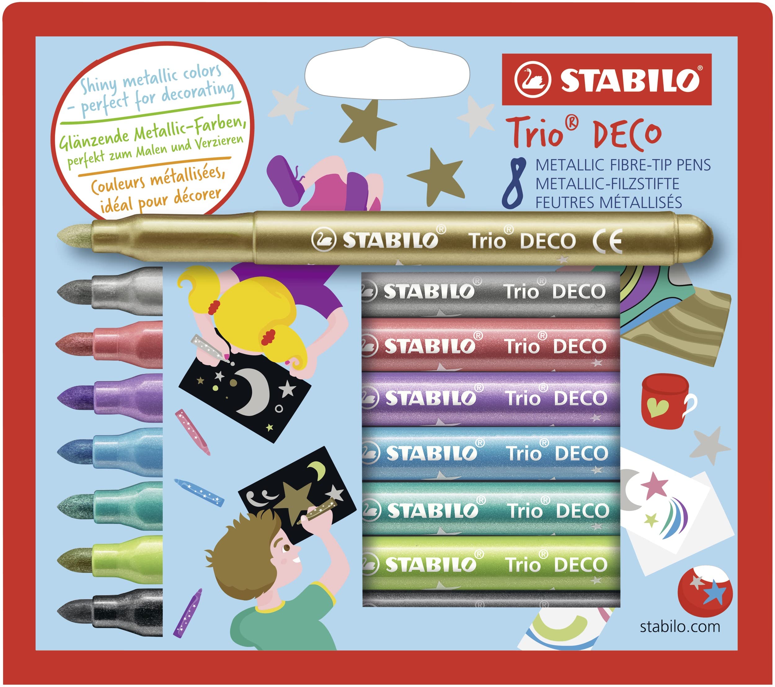 STABILO Trio Deco Metallic Felt-Tip Pens - 8 Assorted Colours | XL Tip (3mm) | Triangular Grip