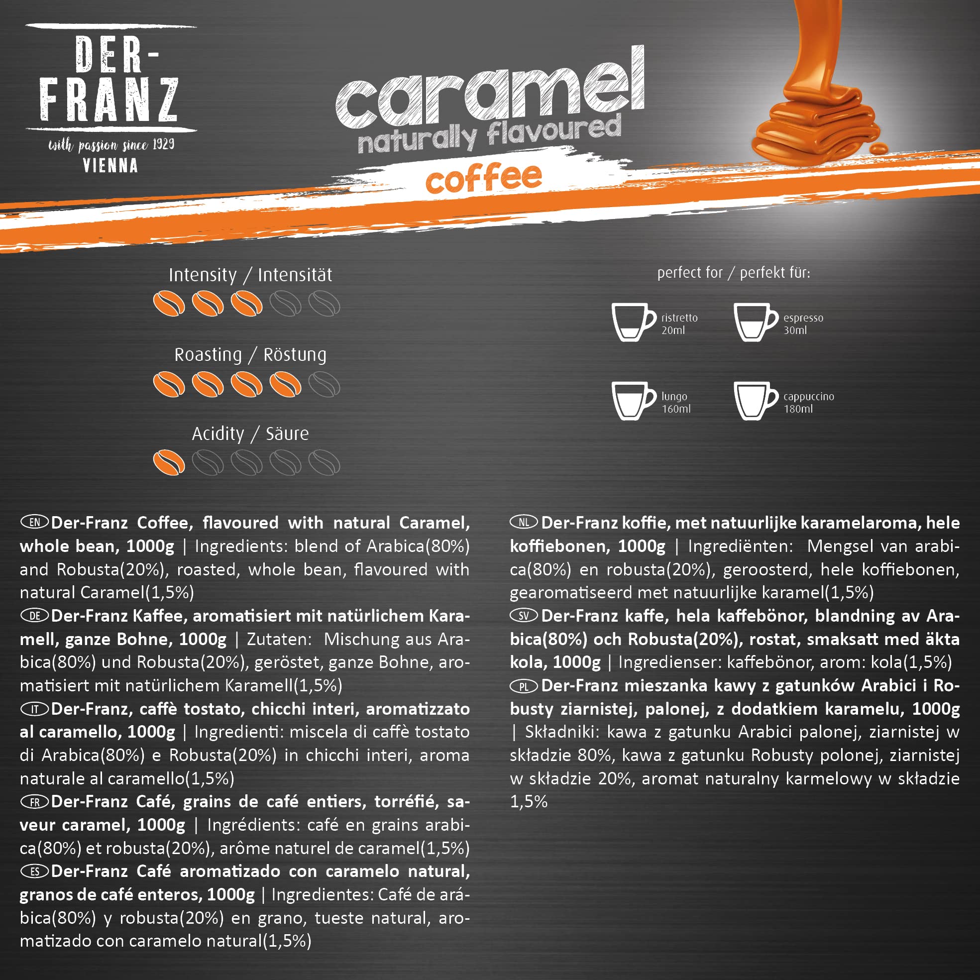Der-Franz Caramel Flavored Coffee - Whole Roasted Beans | 80% Arabica/20% Robusta | 1kg