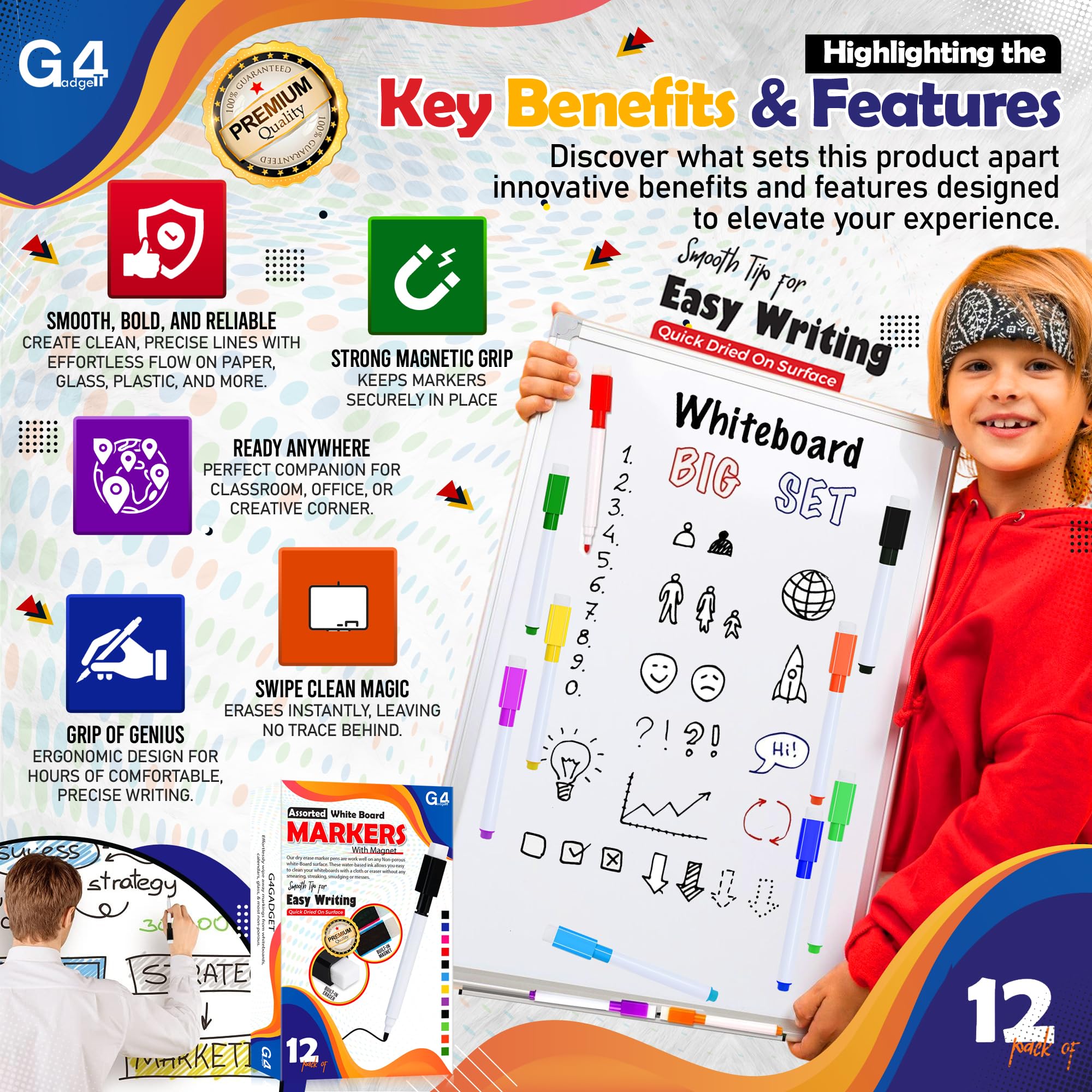 G4GADGET 12 Pack Dry Erase Markers - Magnetic Cap & Built-in Eraser | Assorted Colors