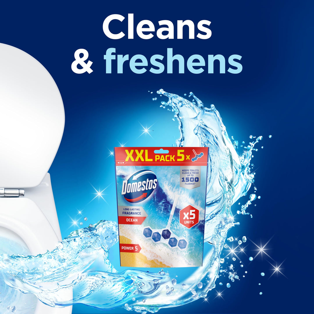Domestos Power 5 Ocean Toilet Rim Blocks - Long-Lasting Toilet Freshener for Up to 300 Flushes