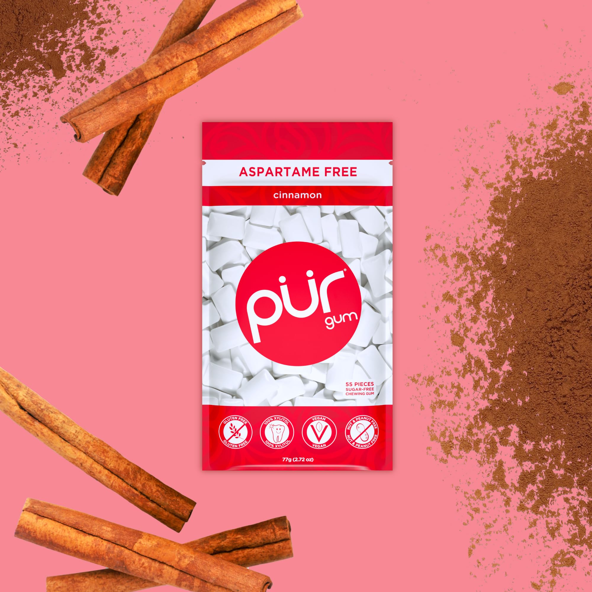 PUR Gum Sugar Free Chewing Gum - Natural Cinnamon Flavor, Xylitol Sweetened, 6 Pack of 55 Tablets 2