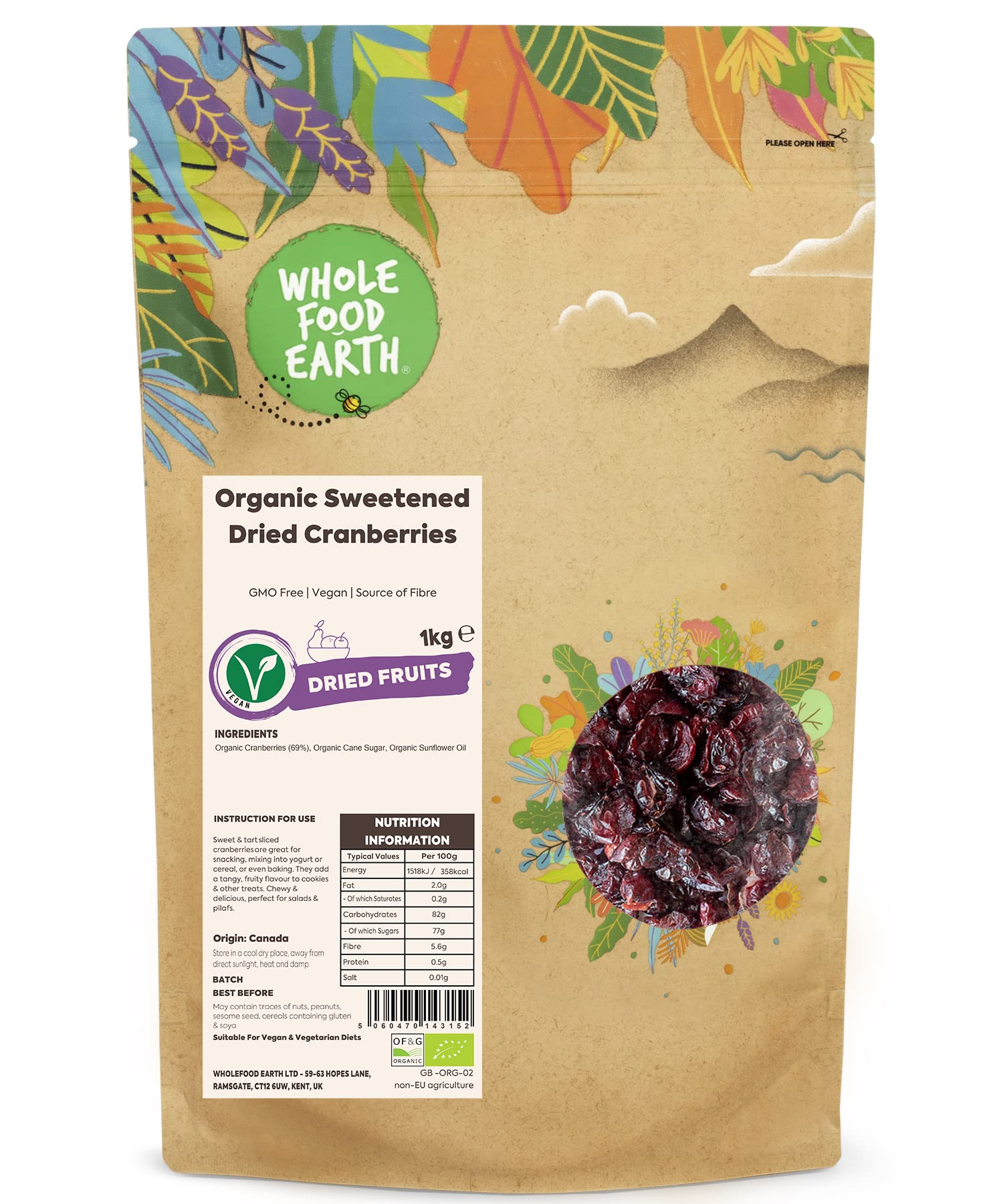 Wholefood Earth Organic Sweetened Dried Cranberries - 1 kg Bag | GMO Free | Certified Organic