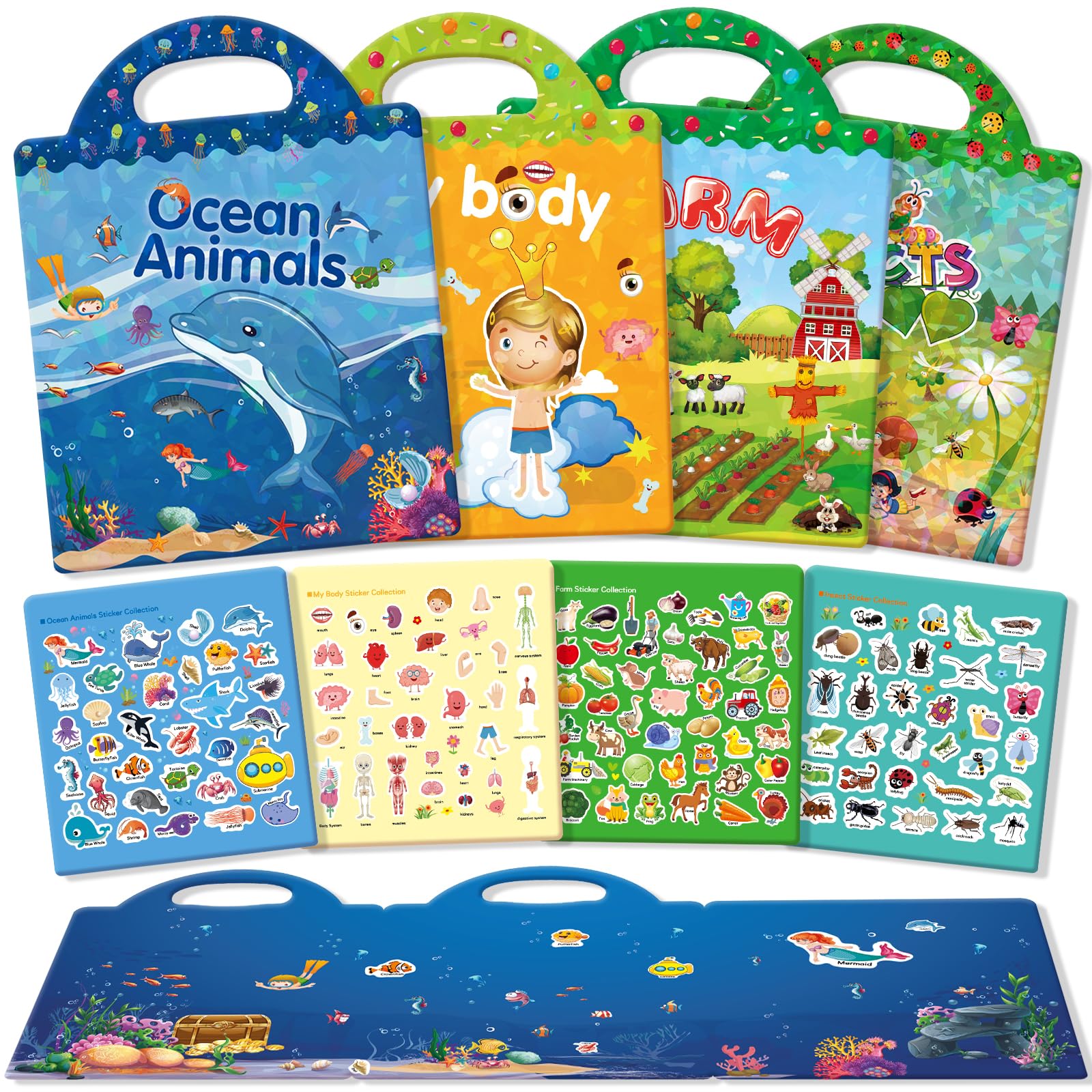 GUYUCOM 4 Pack Reusable Sticker Books - Ocean, Body, Insect & Farm Themes | Fine Motor Skill Development