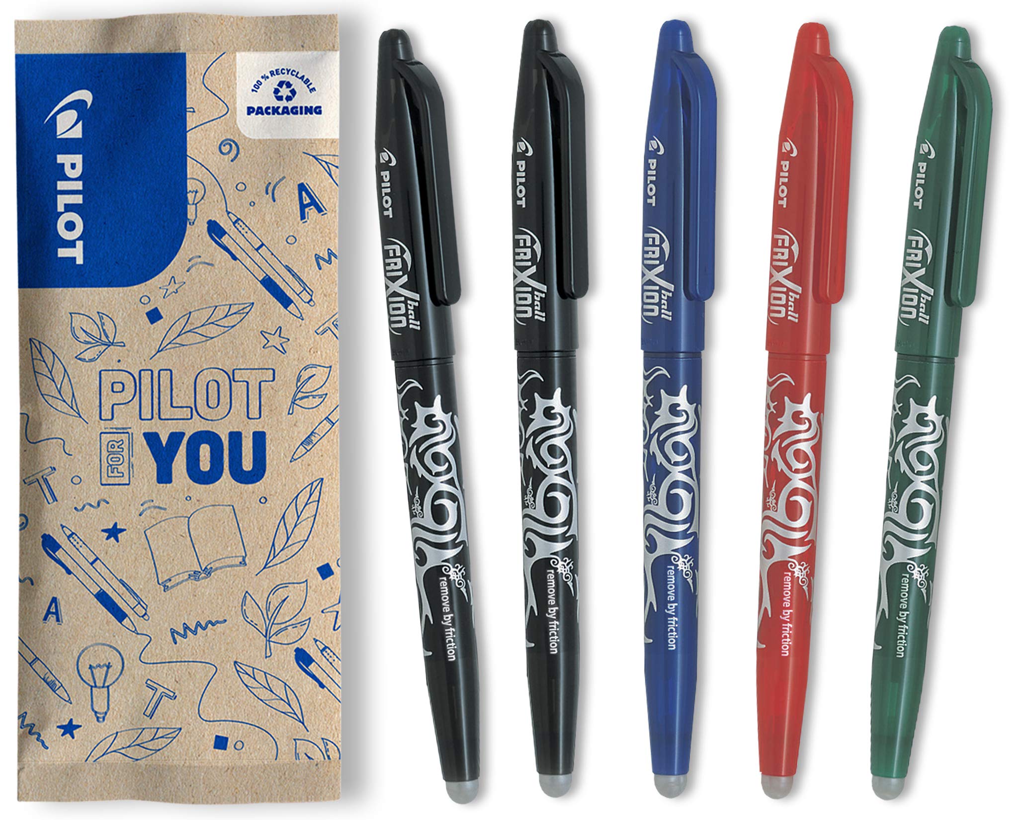 PILOT Frixion Erasable Rollerball Pen - 0.7mm Tip, Pack of 5 (2 Black, 1 Blue, 1 Red, 1 Green)