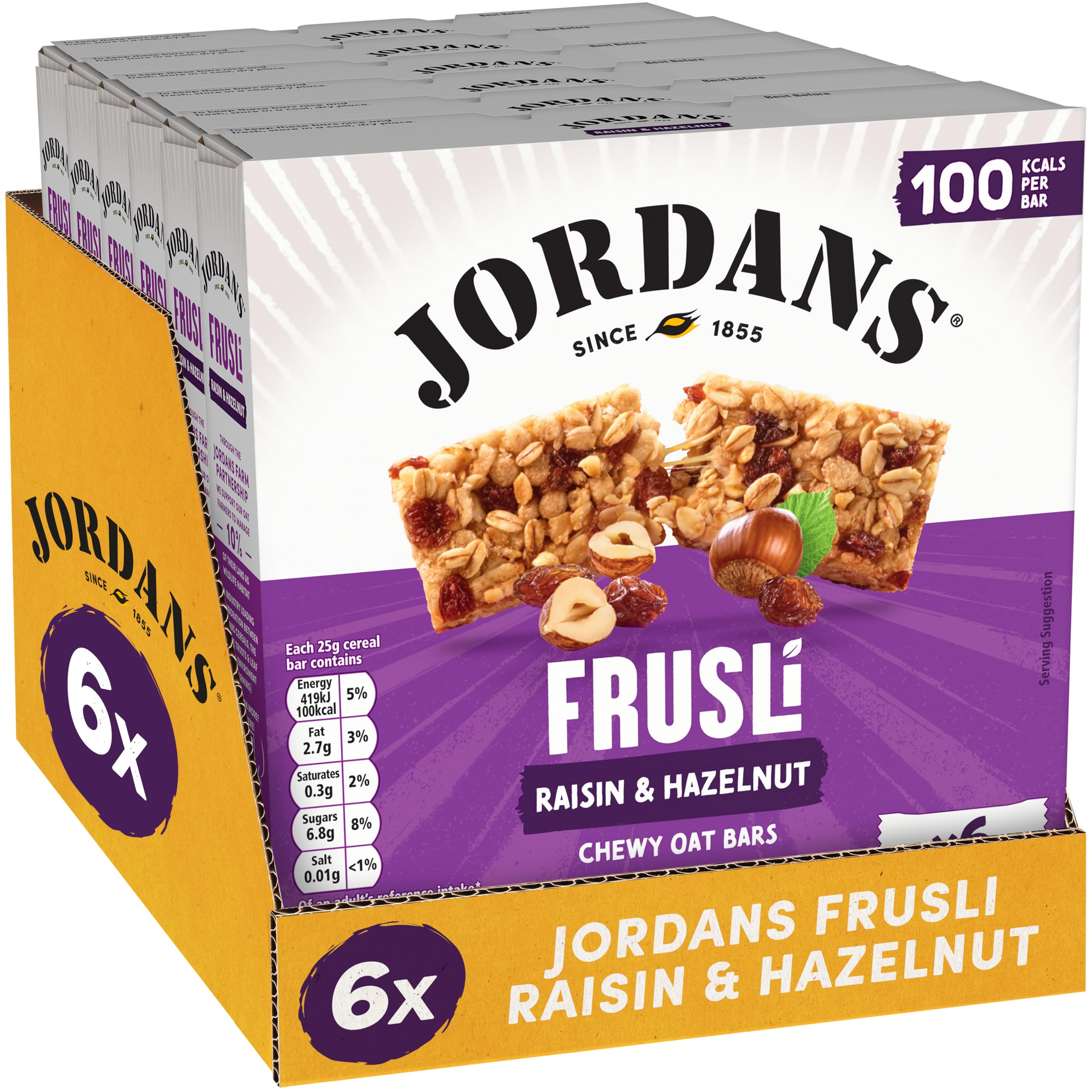 JORDANS Frusli Raisin and Hazelnut Cereal Bars - 6 Pack (150g Total) | Under 100 Calories Per Bar