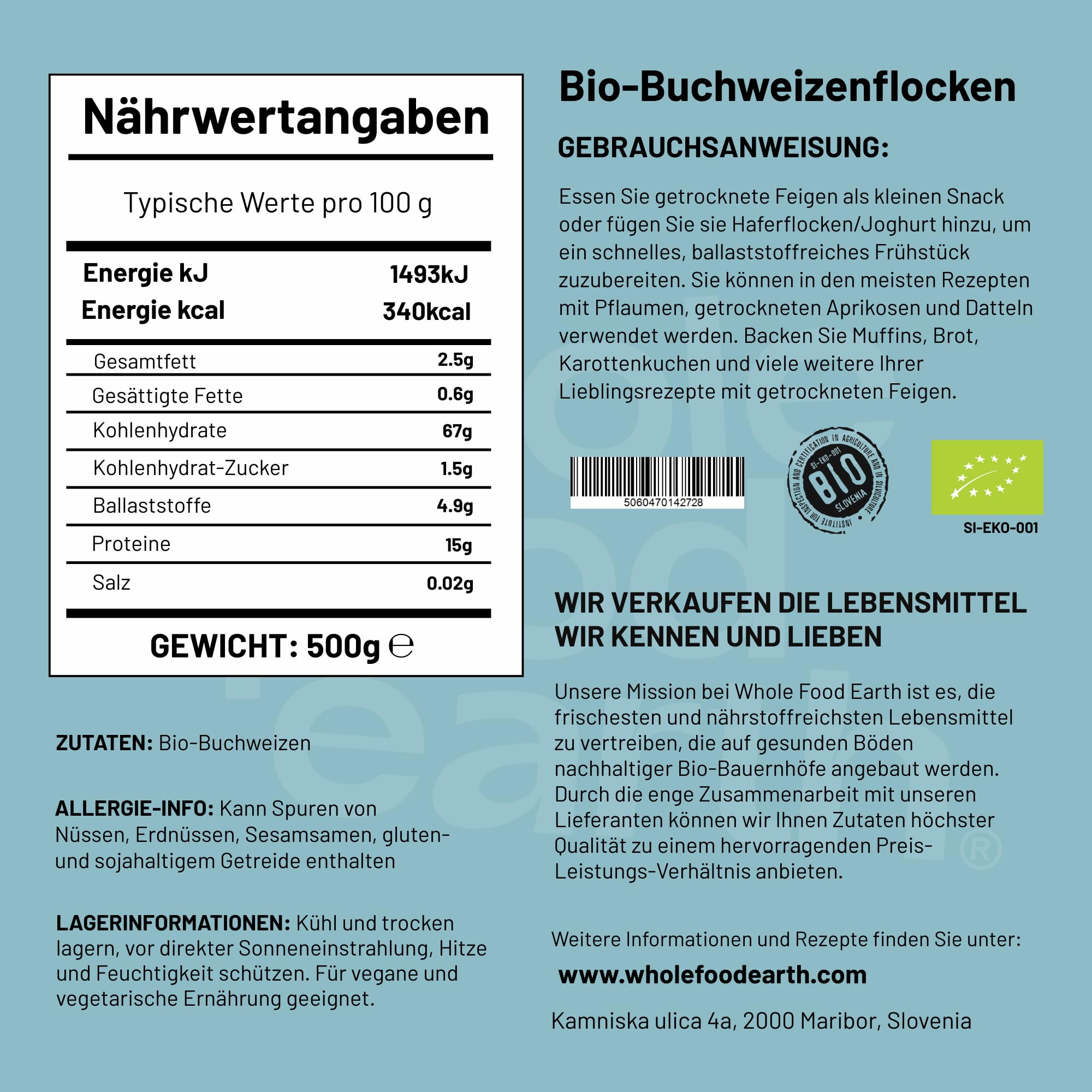 Wholefood Earth Organic Buckwheat Flakes - 500g | Raw | Vegan | Source of Fibre