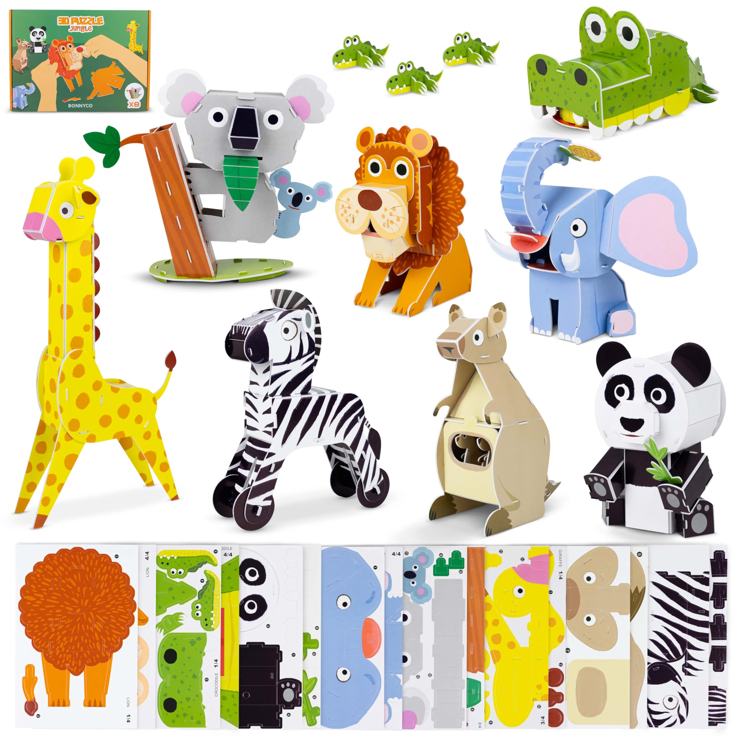 BONNYCO 3D Jungle Animal Puzzles - 8 Piece Set | Educational Toy | Ages 6+