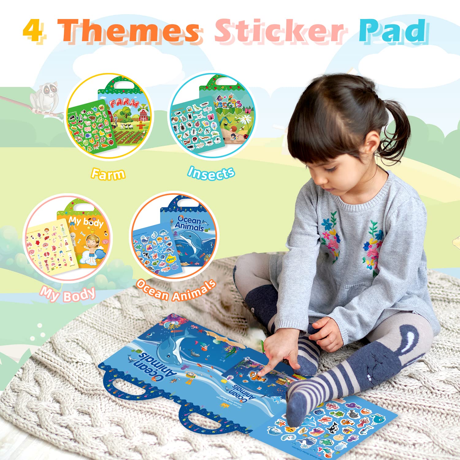 GUYUCOM Reusable Sticker Books 4 Pack - Ocean, Farm, Insect, Body Themes | Educational Learning Toy