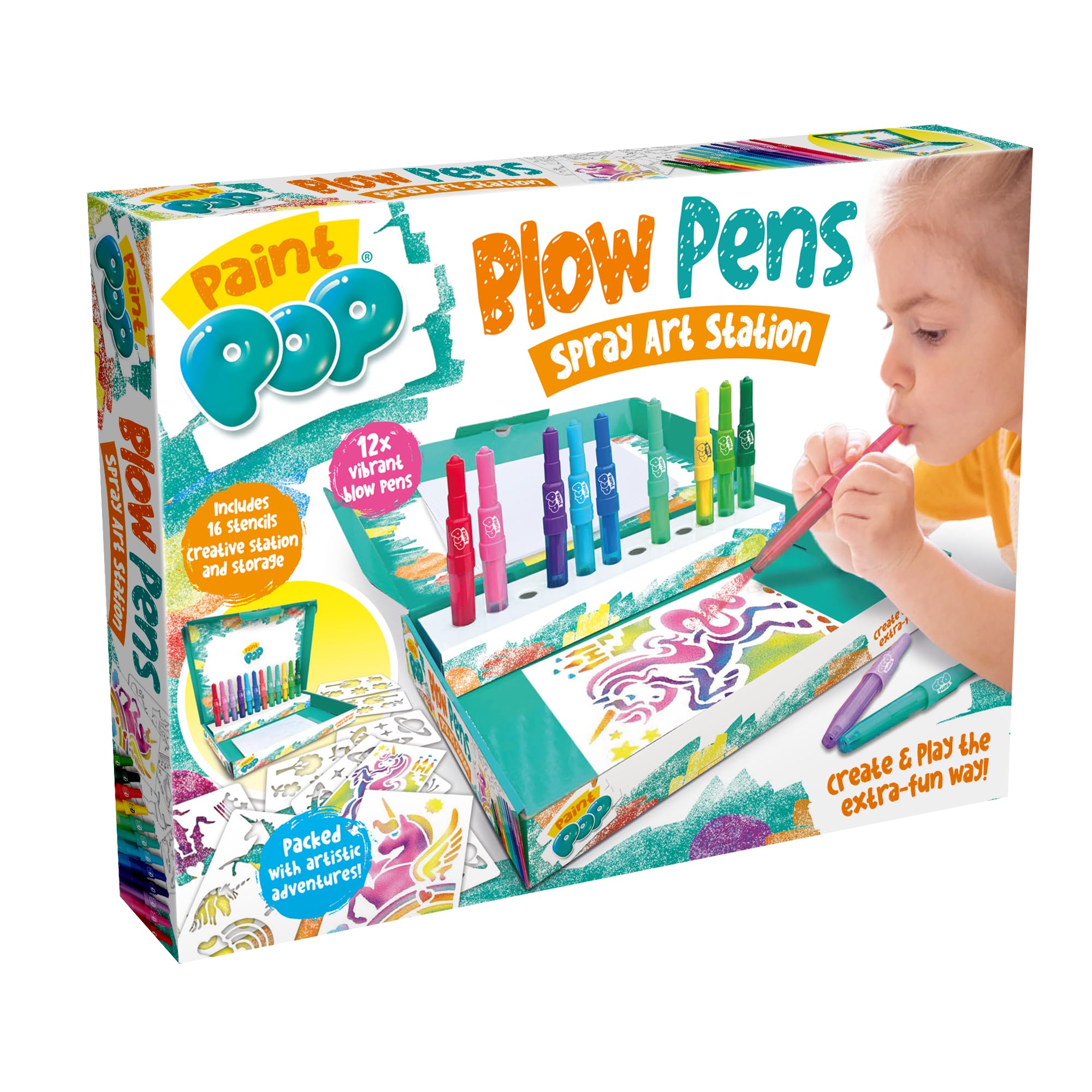 Paint Pop Blow Pens Spray Art Station - 12 Pens, Multi Coloured | Quick-Drying Paint | Includes Stencils & Paper 1