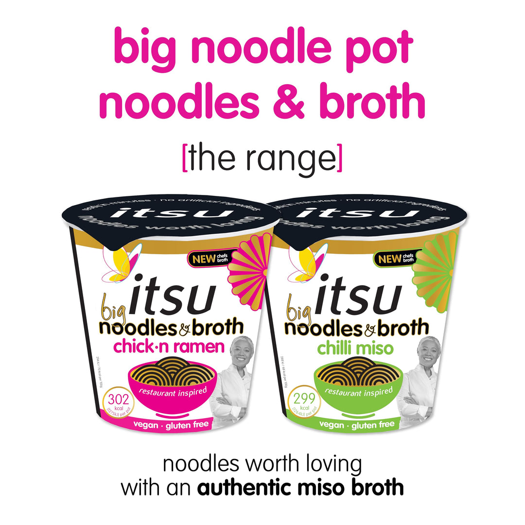 Itsu Big Chilli Miso Instant Noodles & Broth Pot 98g - Pack of 4 | Gluten Free Vegan Rice Noodles
