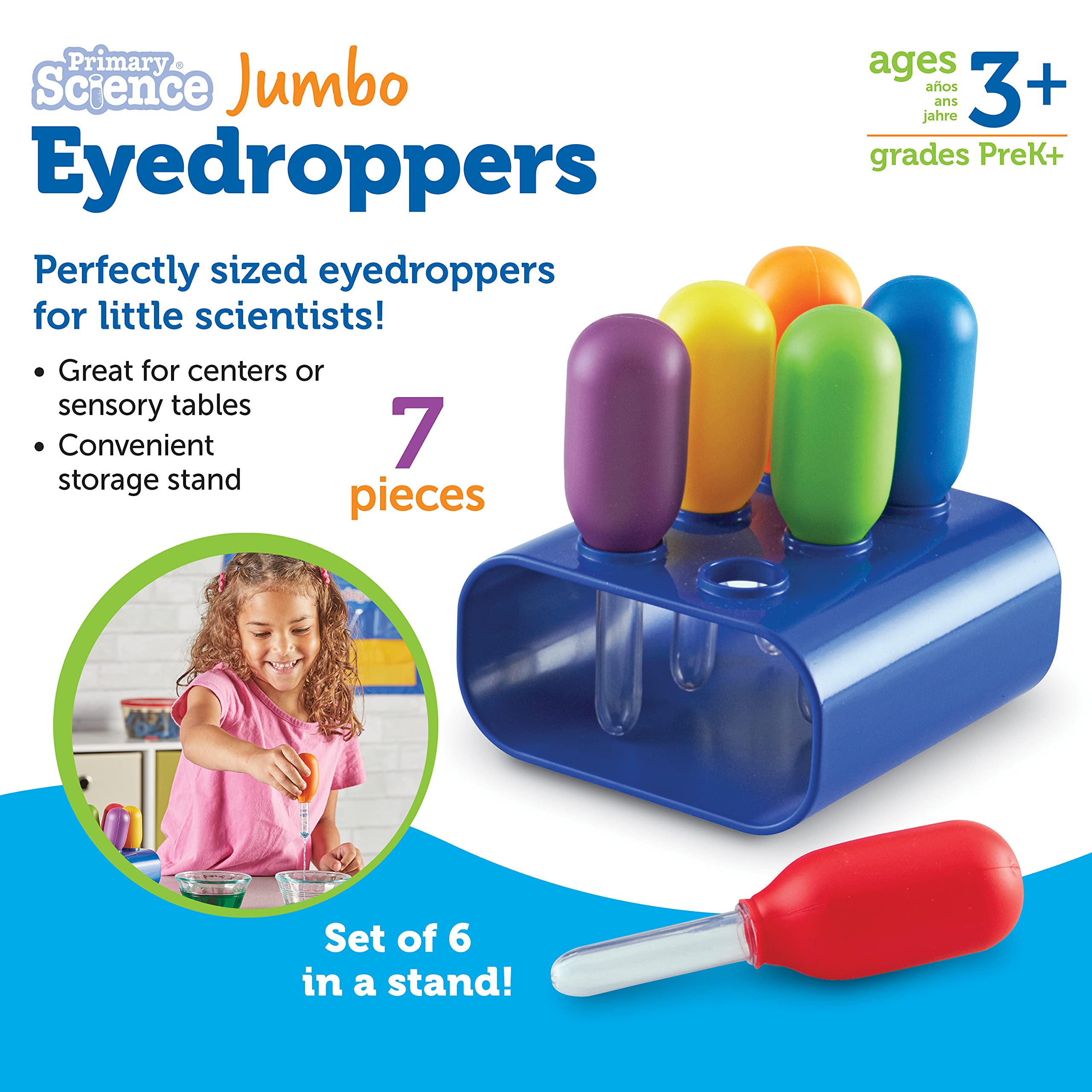 Learning Resources Jumbo Colorful Eyedroppers - Set of 6 with Stand | Ages 3+ | Motor Skills 7