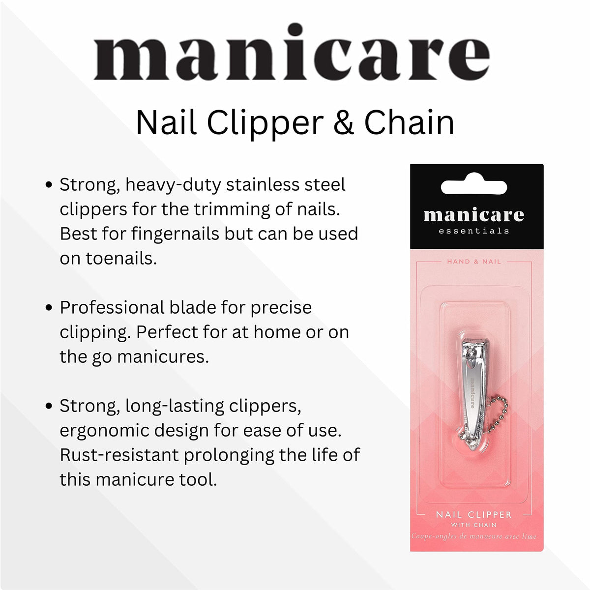 Manicare Nail Clippers - Stainless Steel, Ergonomic Design, Includes Nail File & Keychain