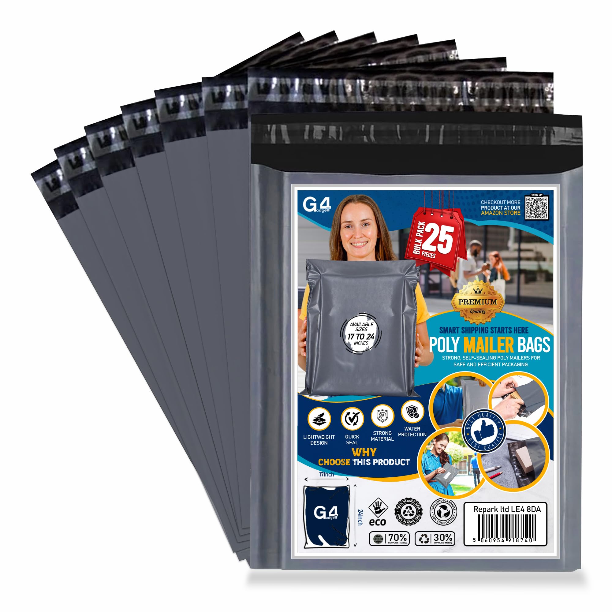 G4GADGET Large Grey Box Mailers - 25 Pack | 17 x 24 Inches | Strong Plastic Poly Mailers 1