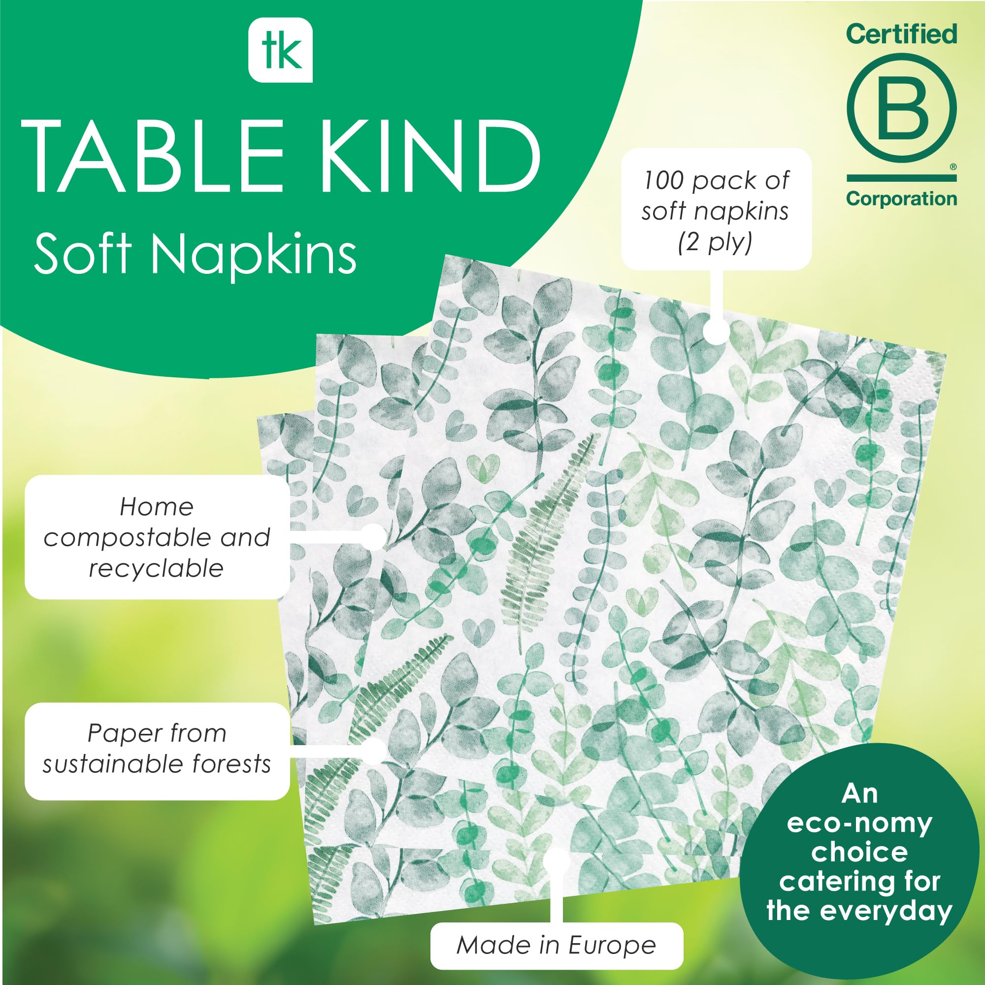 Talking Tables Table Kind Soft Paper Napkins - 100 Pack Eucalyptus Green Leaf Design | 2ply 33cm