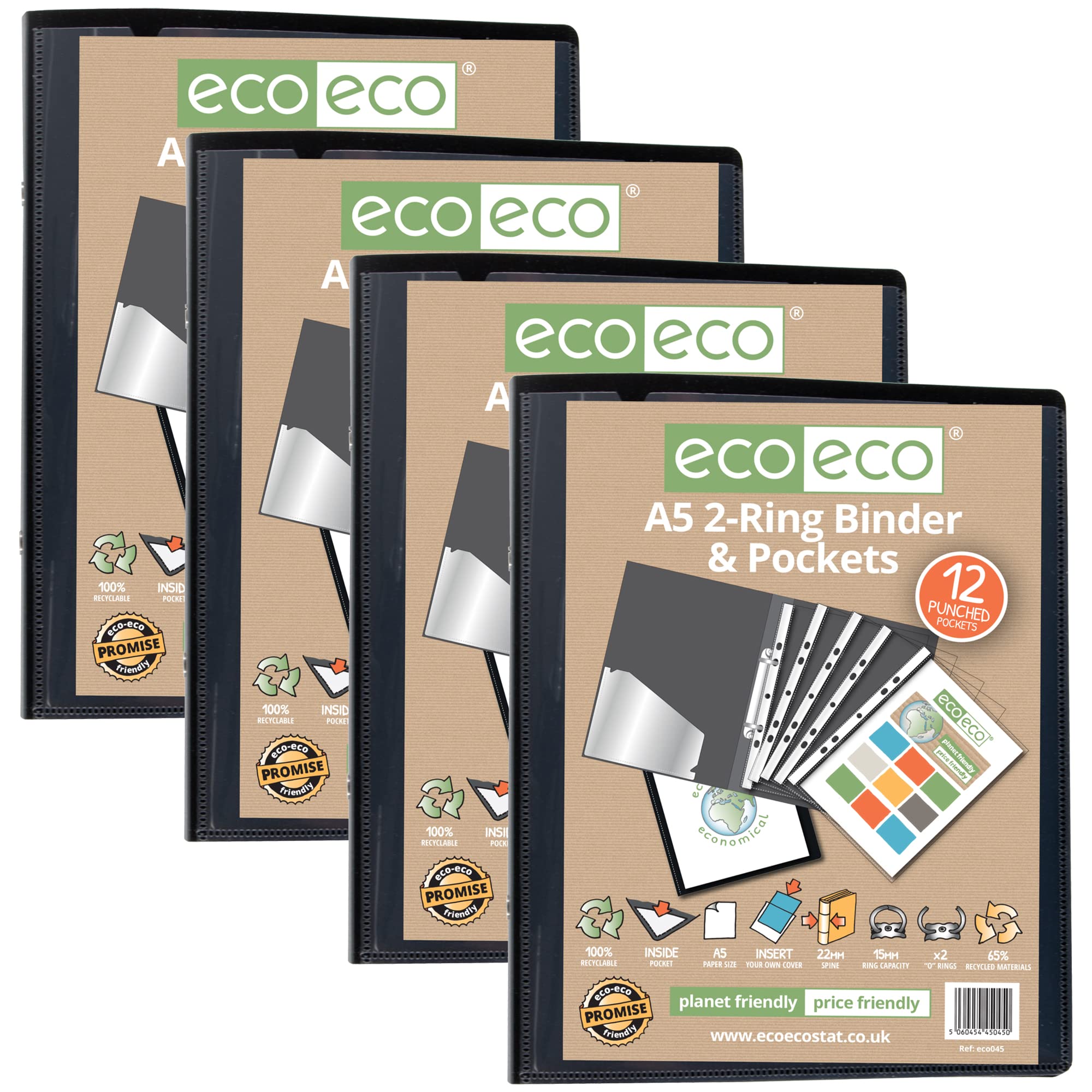 eco-eco A5 65% Recycled Presentation Ring Binder with 12 Pockets - Black, 15mm Capacity