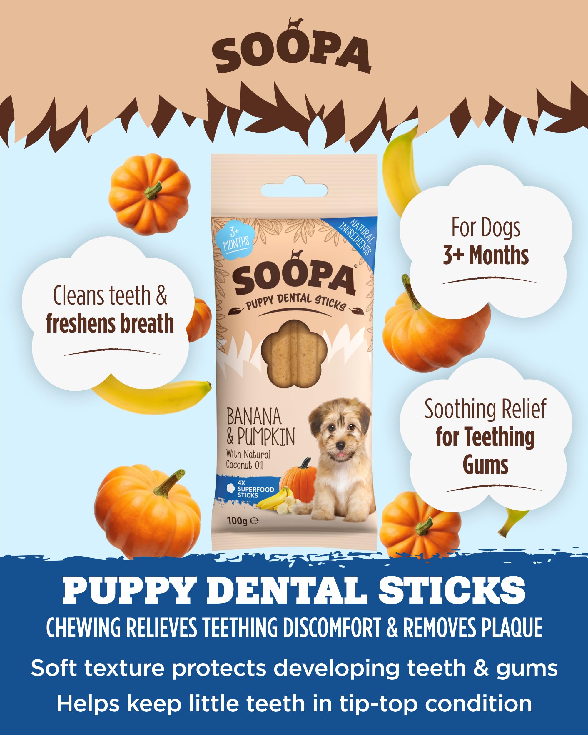 Soopa Banana & Pumpkin PUPPY Dental Sticks for All Life Stages | Low-Fat, Allergen-Free | 110g Bag 3