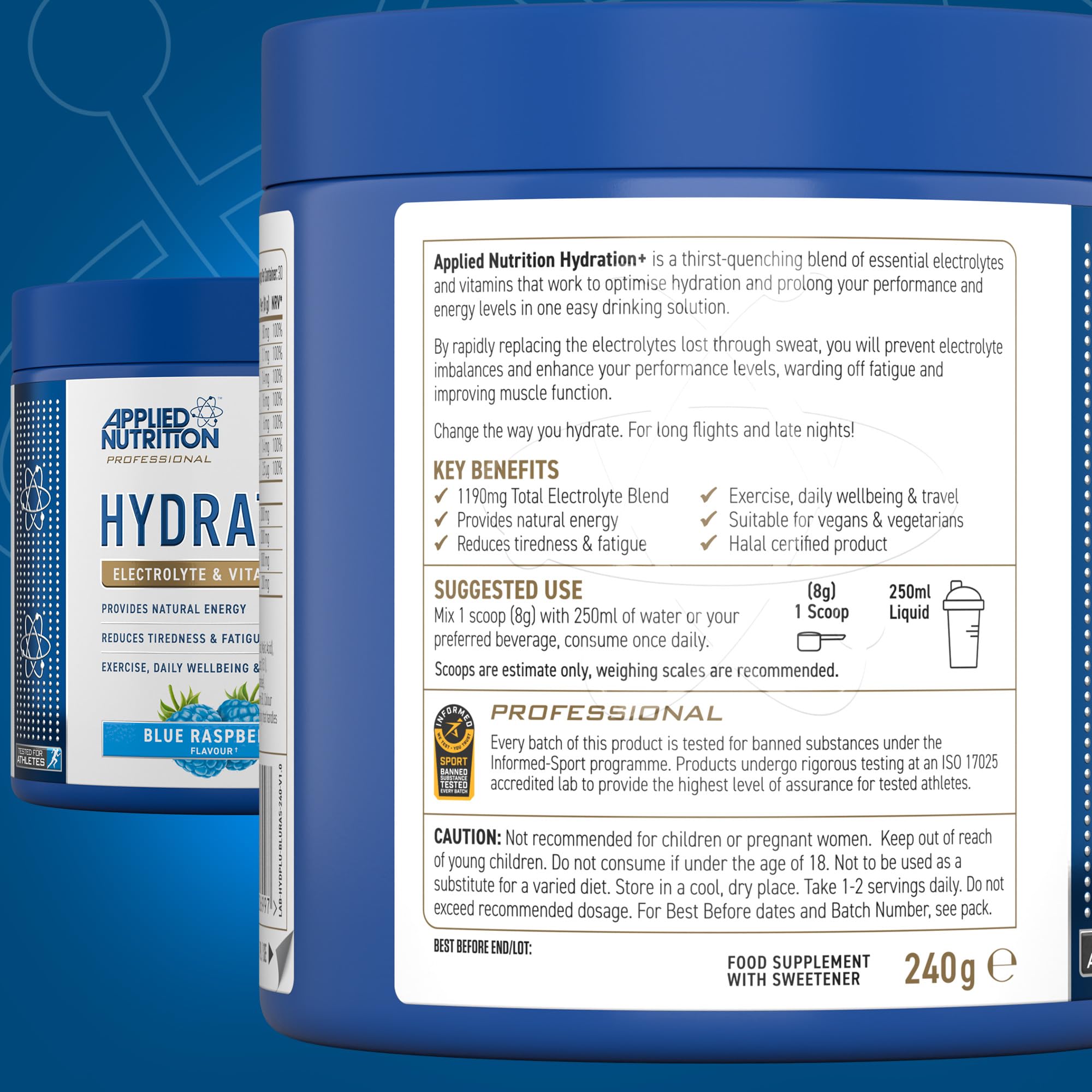 Applied Nutrition Hydration+ Electrolytes & Vitamin Powder Sugar-Free | 240g | Adult Sports Mix 7