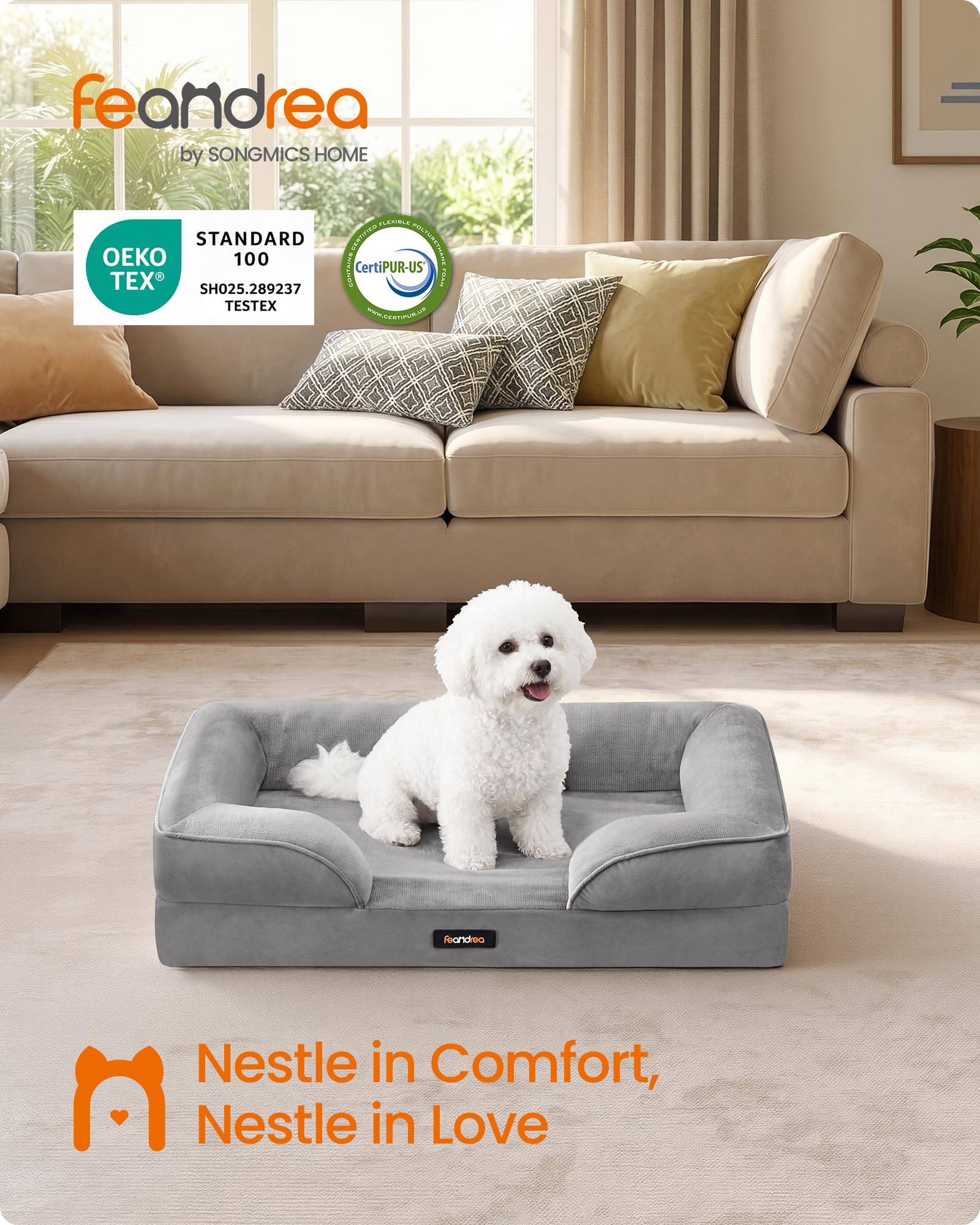 Feandrea Orthopaedic Dog Sofa Bed - Egg Crate Foam Support | Raised Sides | Water-Resistant | Dove Grey | 76 x 51 x 16 cm