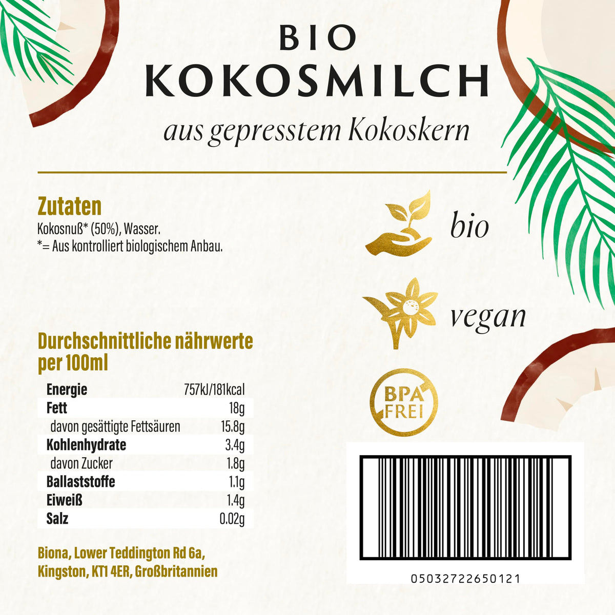 Biona Organic Coconut Milk - Dairy Free, Vegan - 200 ml, Pack of 8