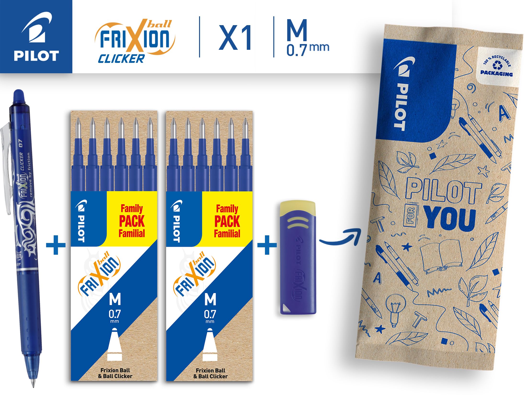 PILOT FriXion Clicker Erasable Rollerball Pen (Blue Ink) with 12 Refills and Eraser 2