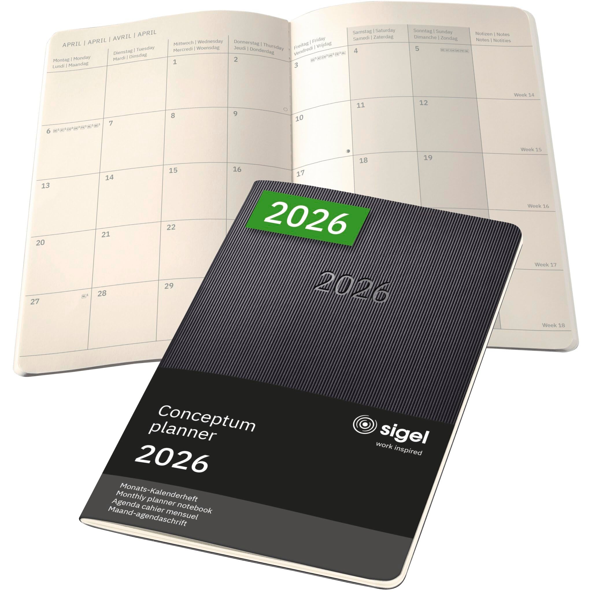 Sigel Conceptum C2684 Monthly Planner Notebook 2026 | A5 Black | DE/GB/FR/NL Languages