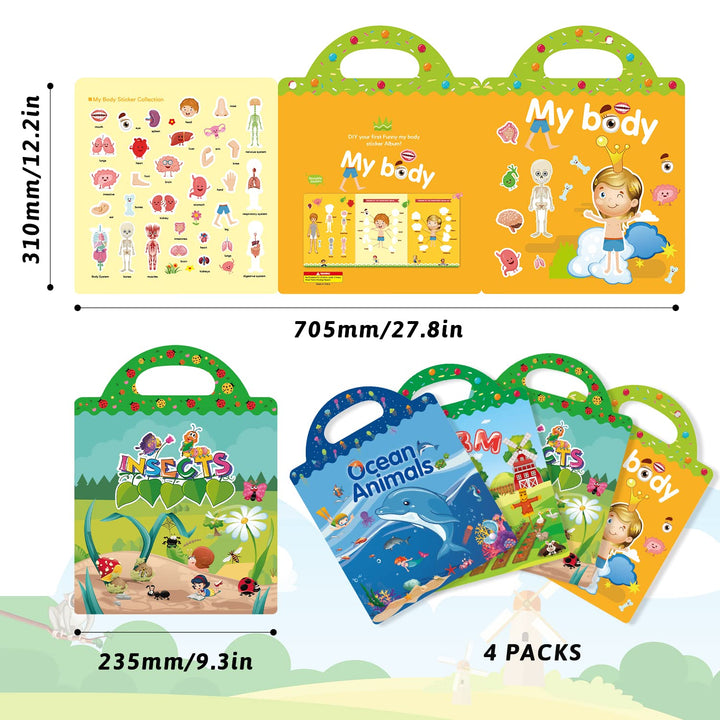 GUYUCOM 4-Pack Reusable Sticker Books for Kids - Educational DIY Arts & Crafts Toy Set