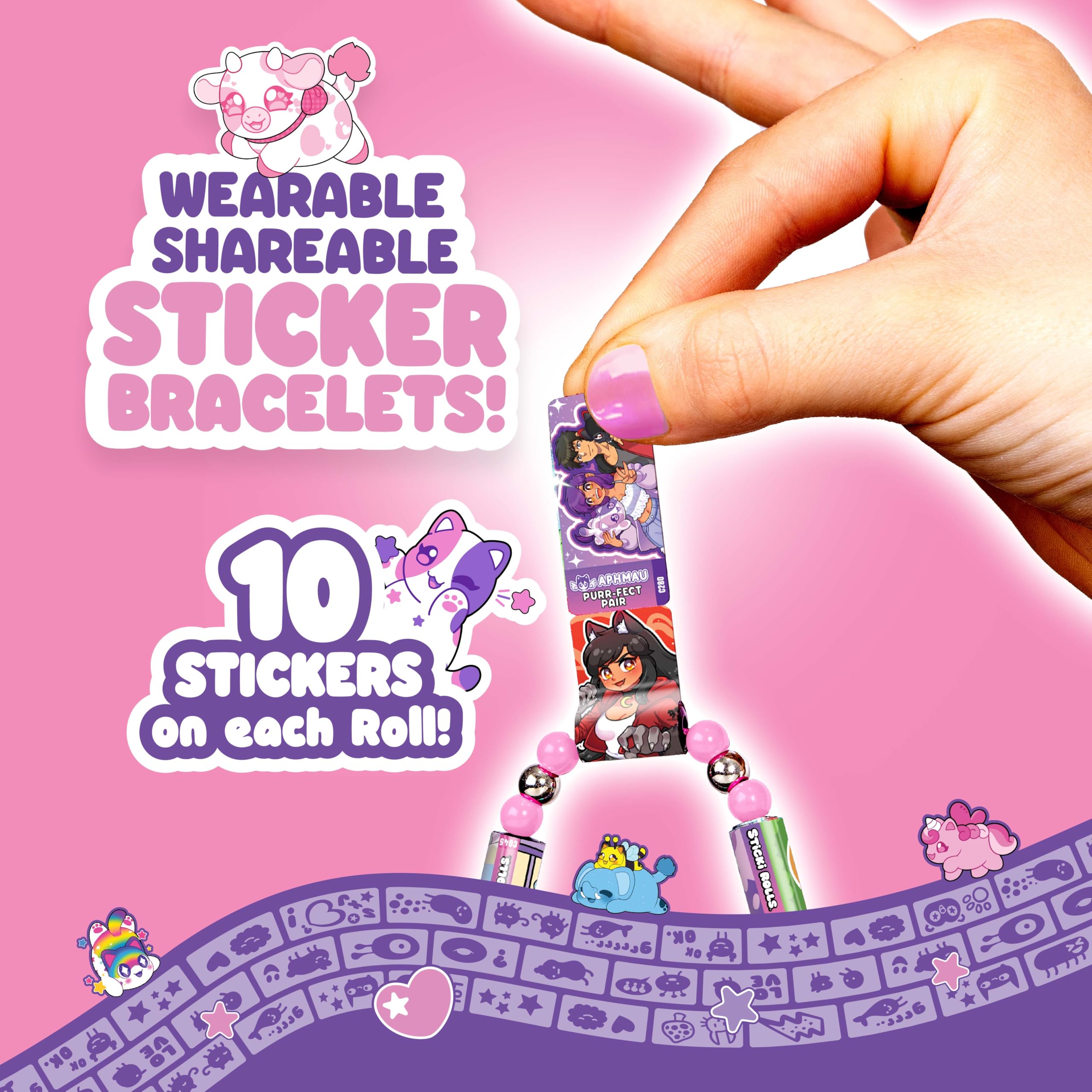 Sticki Rolls x Aphmau Pendant & Bracelet Set - Holographic Cat Sticker Dispenser with 120 Kawaii Foil Stickers 2